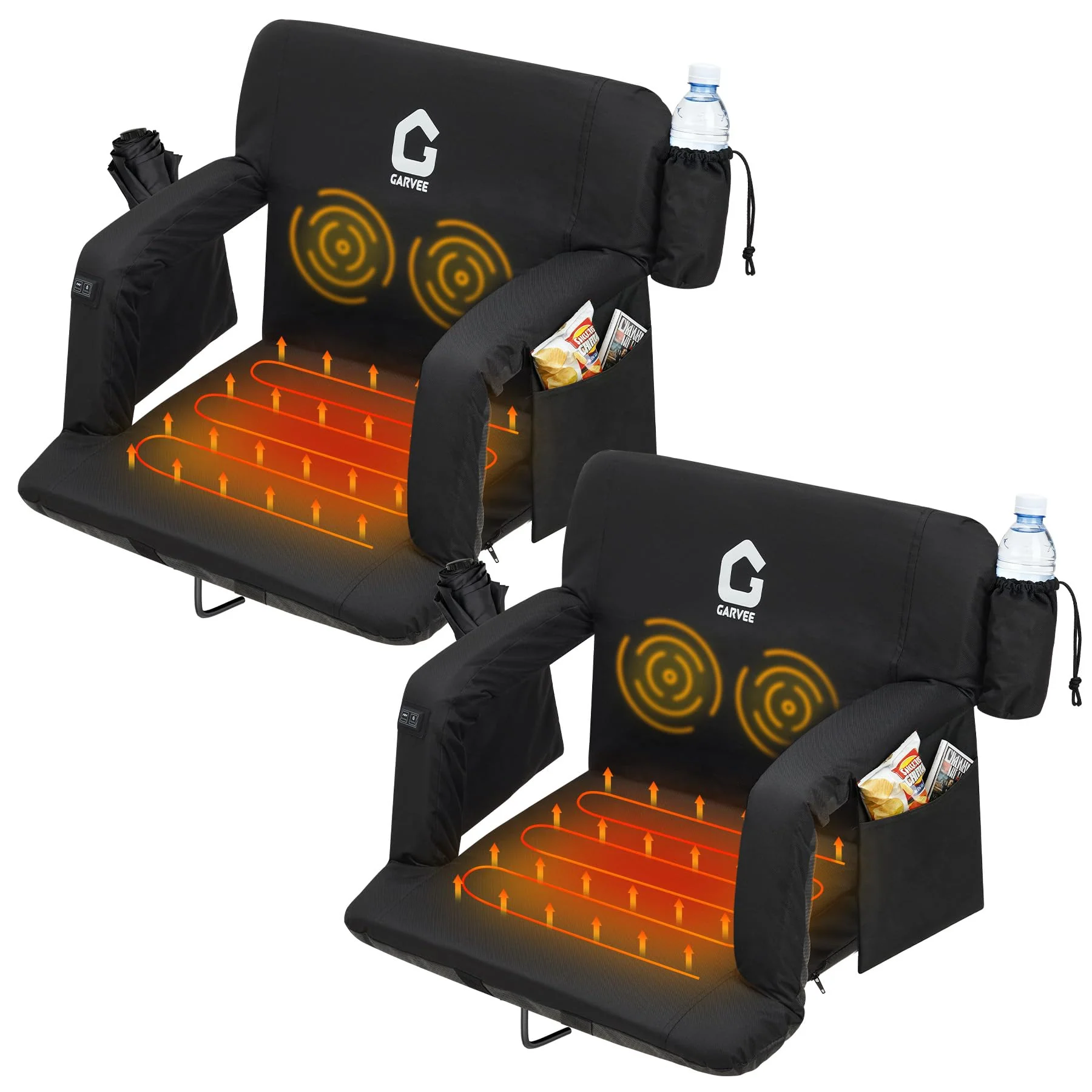 Garvee 2-Pack Massage & Heated Stadium Seats with Backrest, Dual-Sided Heating, 3 Temperature Levels, Pockets, Foldable Bleacher Chair with Anti-Slip Mat for Cold Outdoor Games, Camping & Events