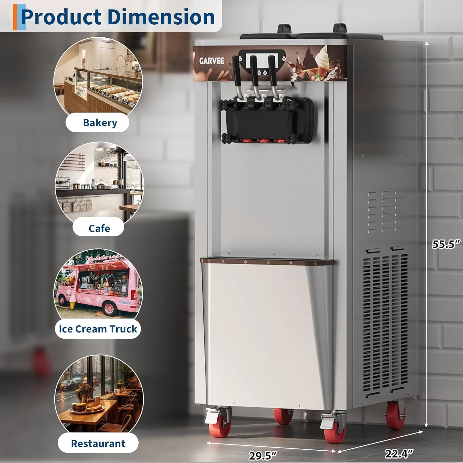 Garvee 2+1 Flavors 2450W Commercial Soft Serve Ice Cream Maker, 9.2-10.5 Gal/H Soft Serve Ice Cream Machine with LED Display, Self-Cleaning, High Productivity Equipment for Restaurants & Snack Bar