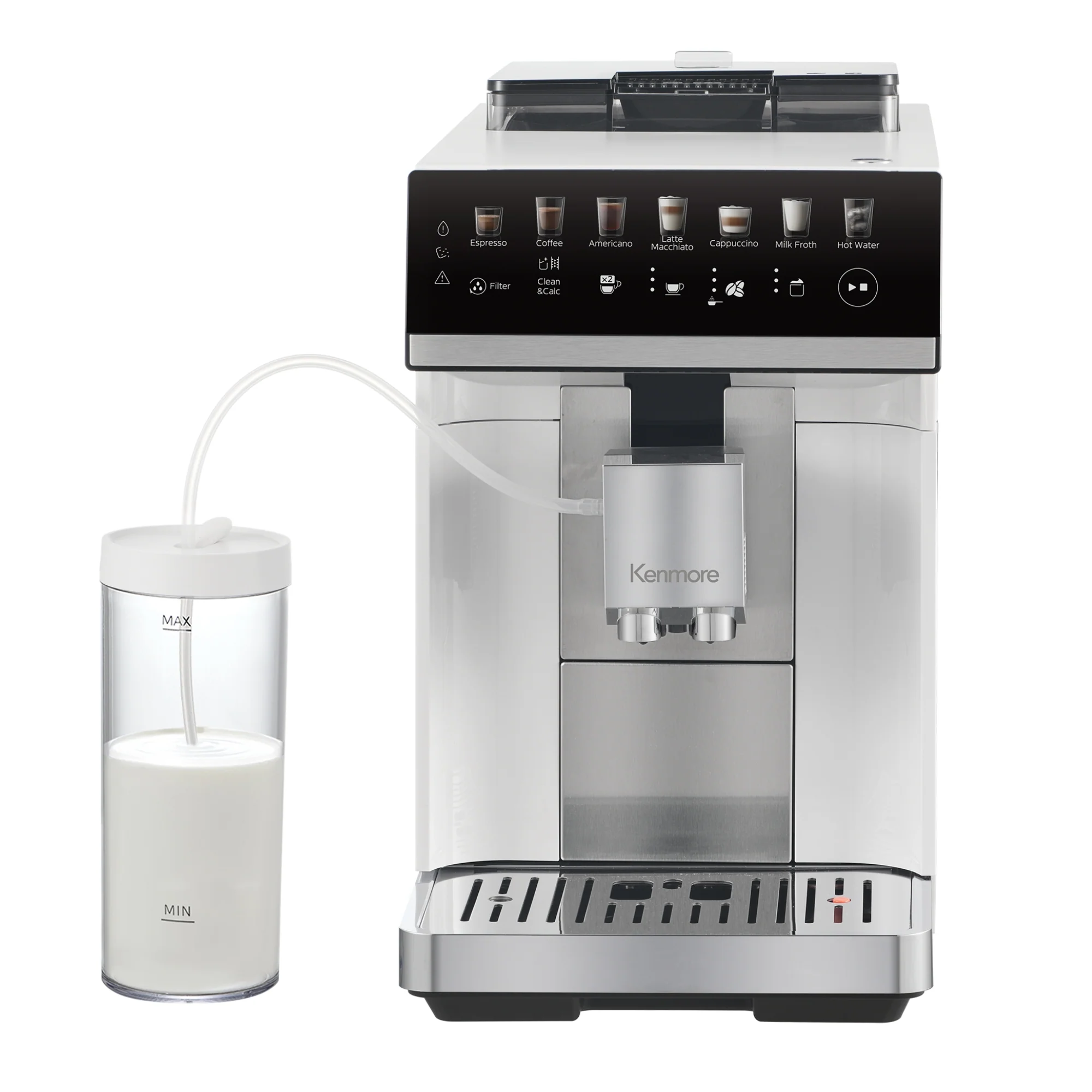 Kenmore Super Automatic Espresso Coffee Machine | Dual Cream System Milk Frother & Grinder | Full Color Touchscreen | One-Touch Cappuccino Latte Macchiato | 15 Bar Fully Automatic Coffeemaker | White