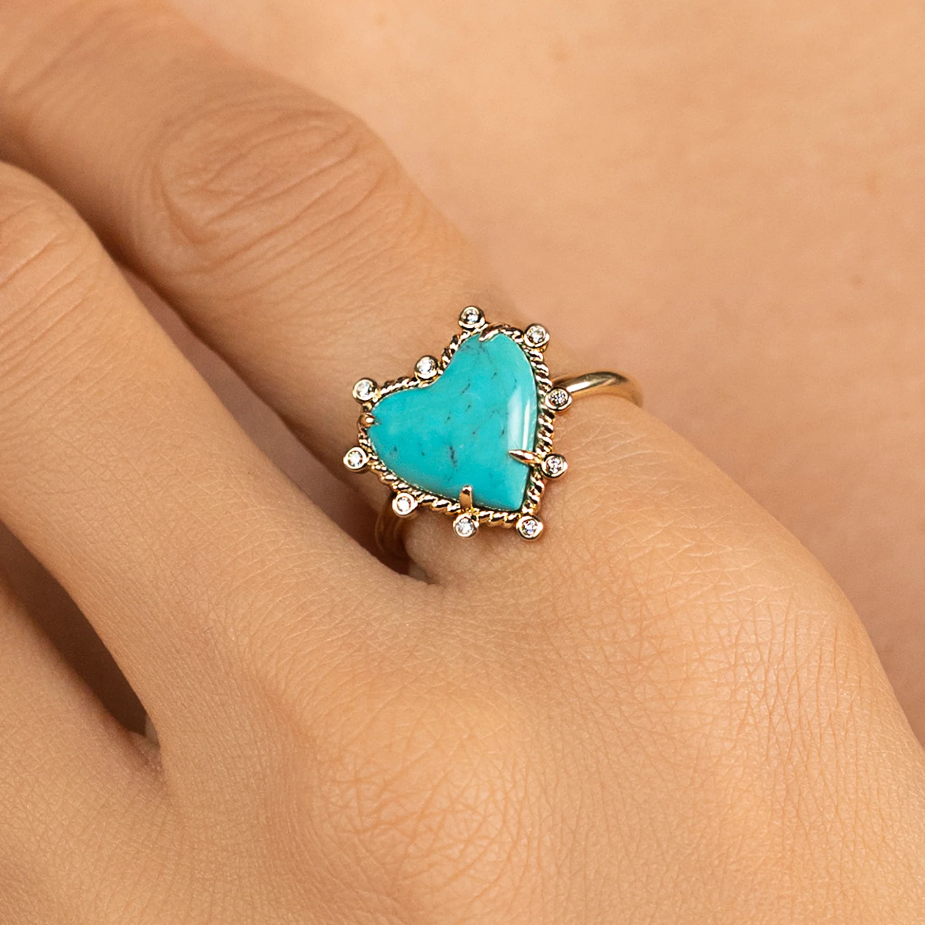 Heart Twist Ring - White Diamond and Turquoise / 14k Yellow Gold
