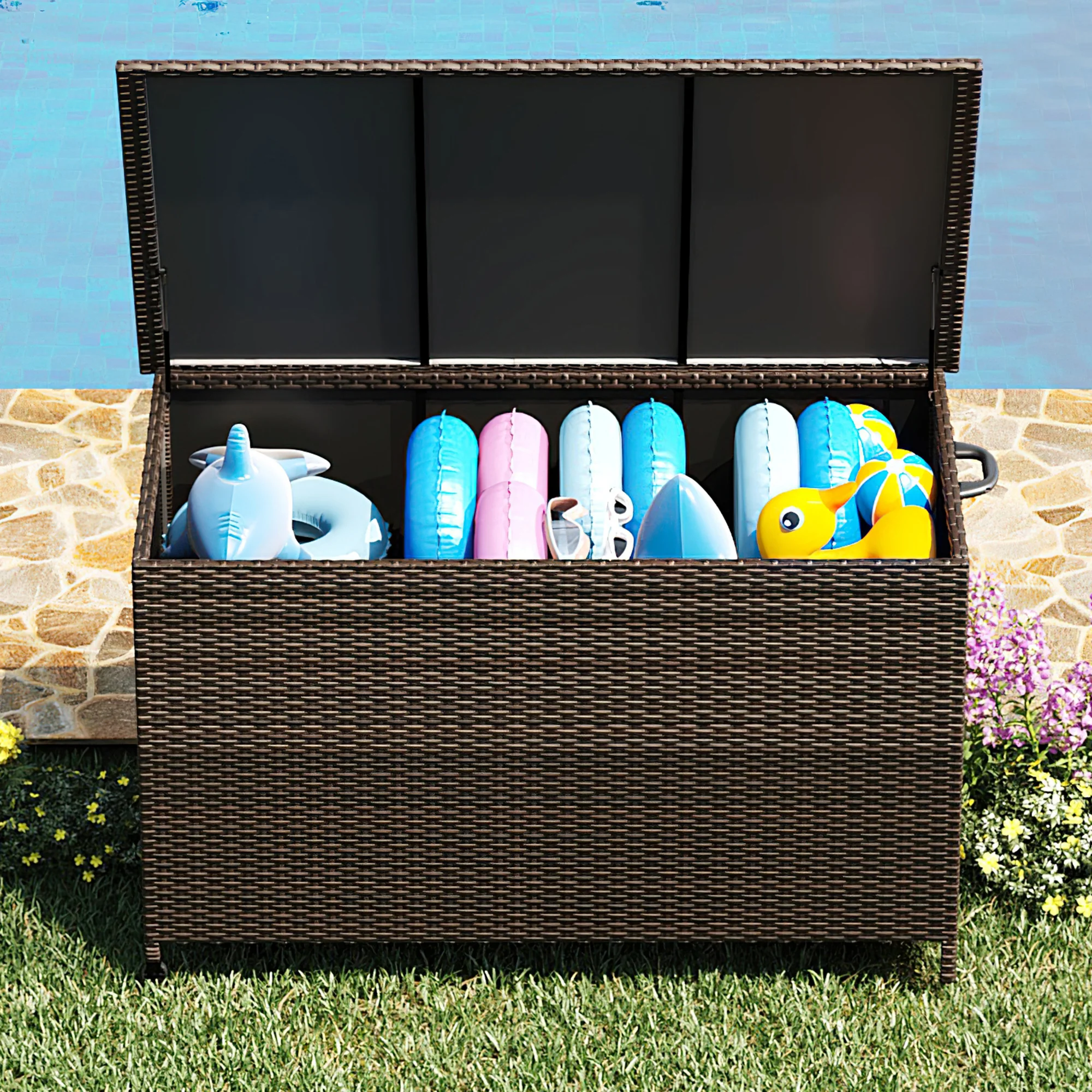 Garvee 182 Gallon Large Outdoor Deck Box with Wheels - Waterproof Rattan Storage for Patio Cushions & Pool Accessories, Flip Lid, Easy Assembly, Dark Brown
