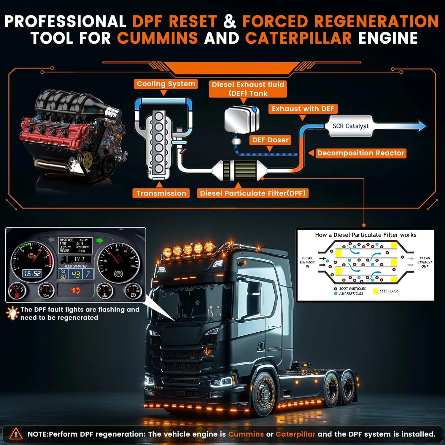 Heavy-Duty Truck Scanner for Cummins & Caterpillar, DPF Reset, Forced Regeneration, OBD2 Diagnostic Tool