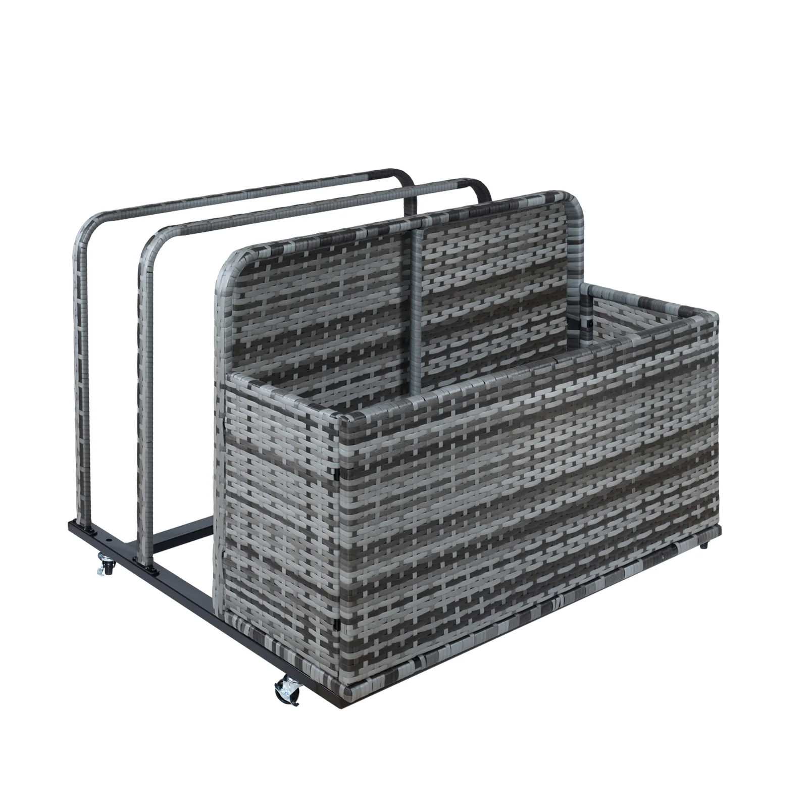 Garvee 2-Tier Rolling Pool Storage Basket – PE Rattan Outdoor Organizer with Locking Wheels, Sturdy Steel Frame & Water-Resistant Design, Grey