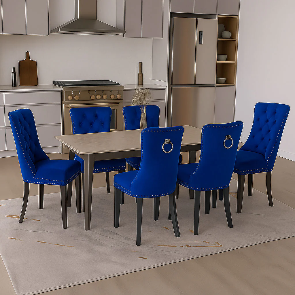 Neo Set Of Six Midnight Blue Studded Velvet Dining Chairs with Ring Knocker Detail