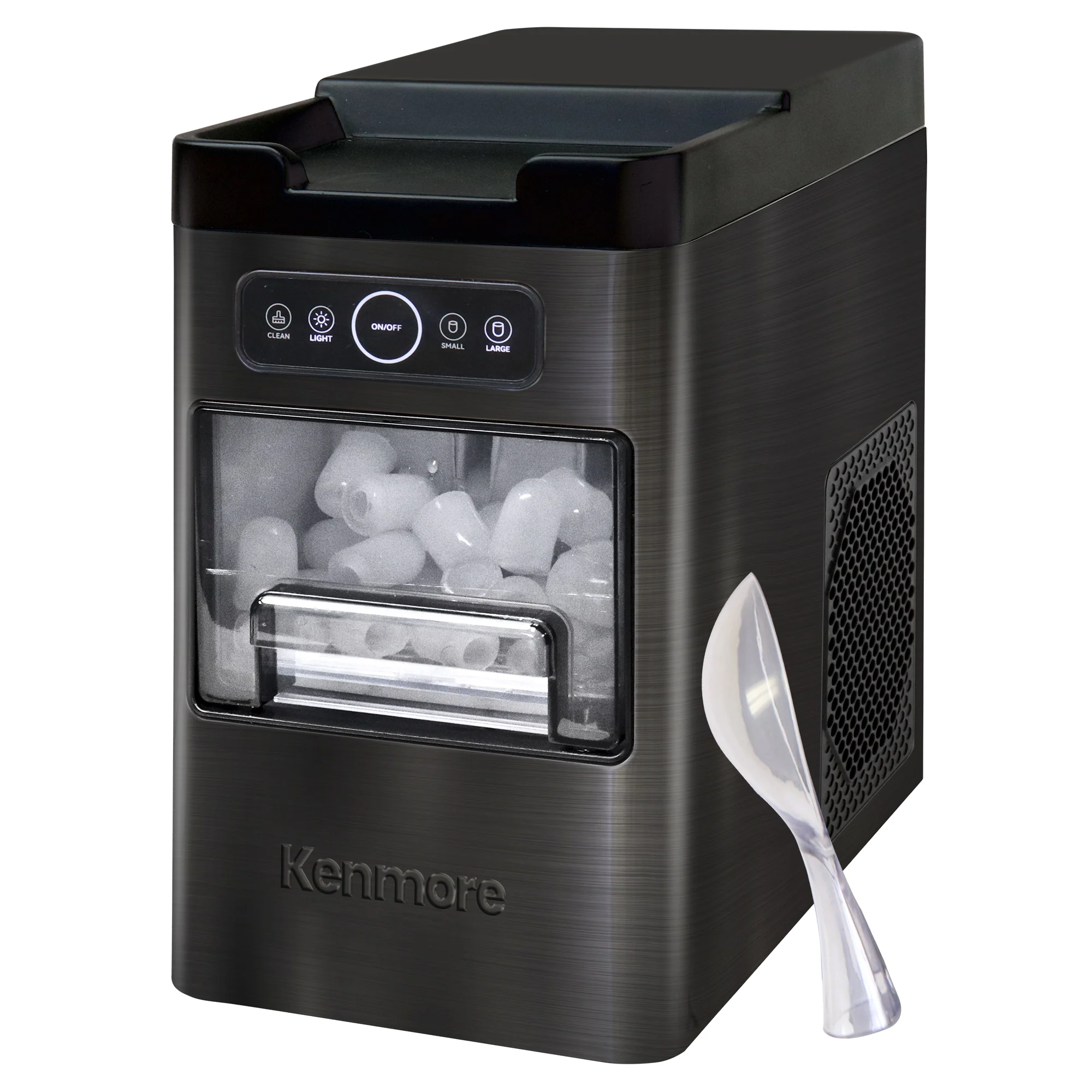 Kenmore Front-Load Countertop Ice Maker | Fits Under Cabinets | Ice Cubes In 6 Min & 26lb/24hrs | Large Or Small Ice Pellets | One-Touch Self-Clean | Portable Ice Machine | Stainless Steel