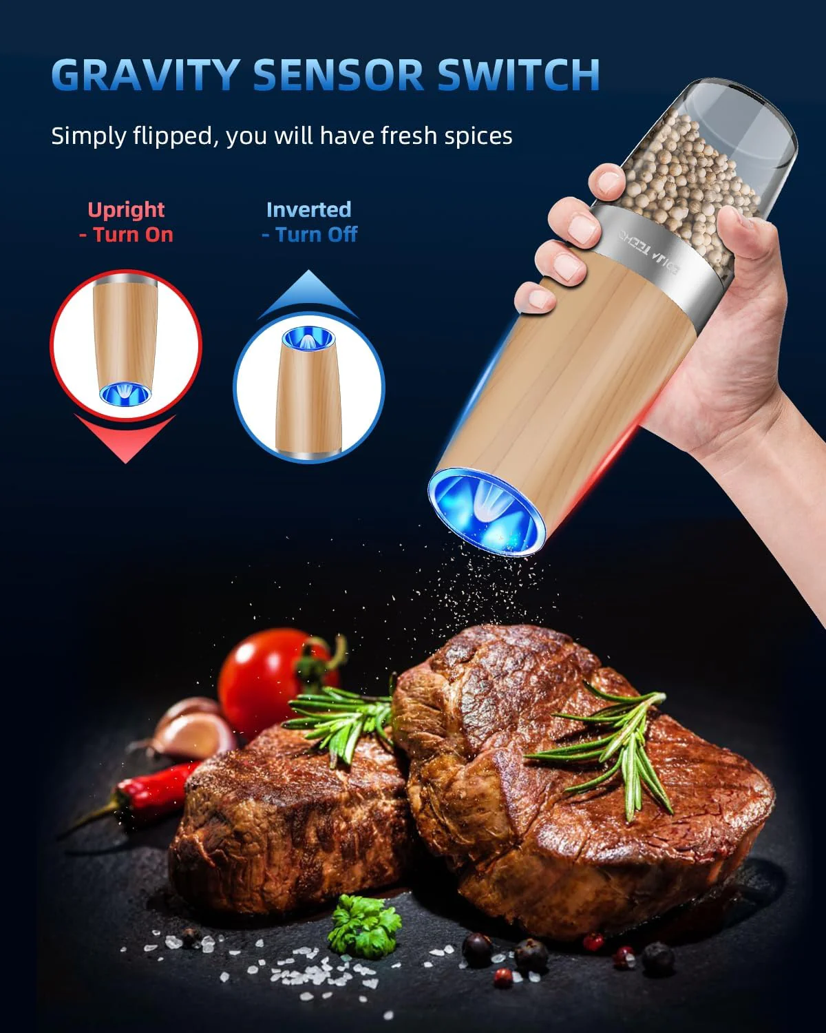 Electric Salt & Pepper Grinder Set, Adjustable Coarseness, LED, One-Hand Use, Stainless Steel 2-Pack