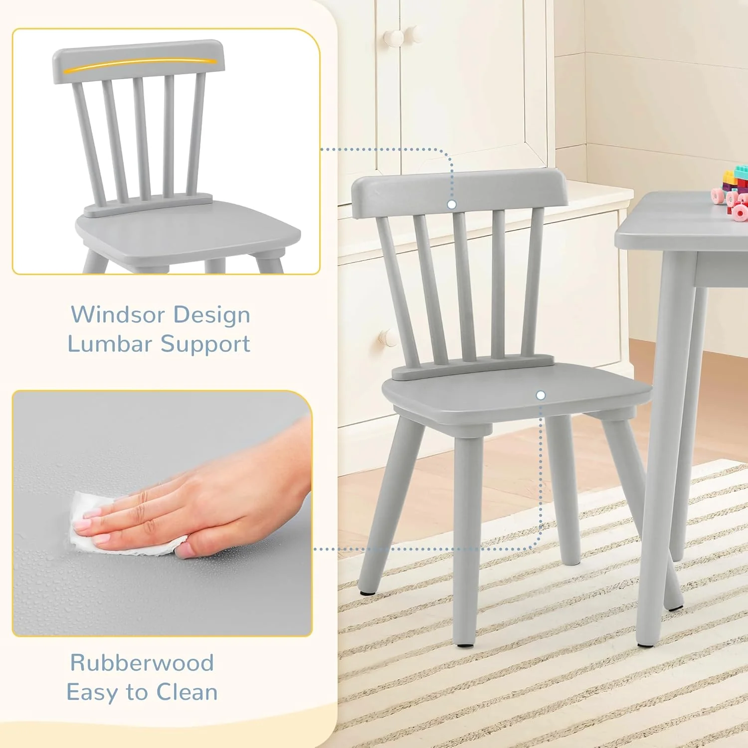 Kids Table and Chair Set - Rubberwood with Non-Slip Legs and Round Edges