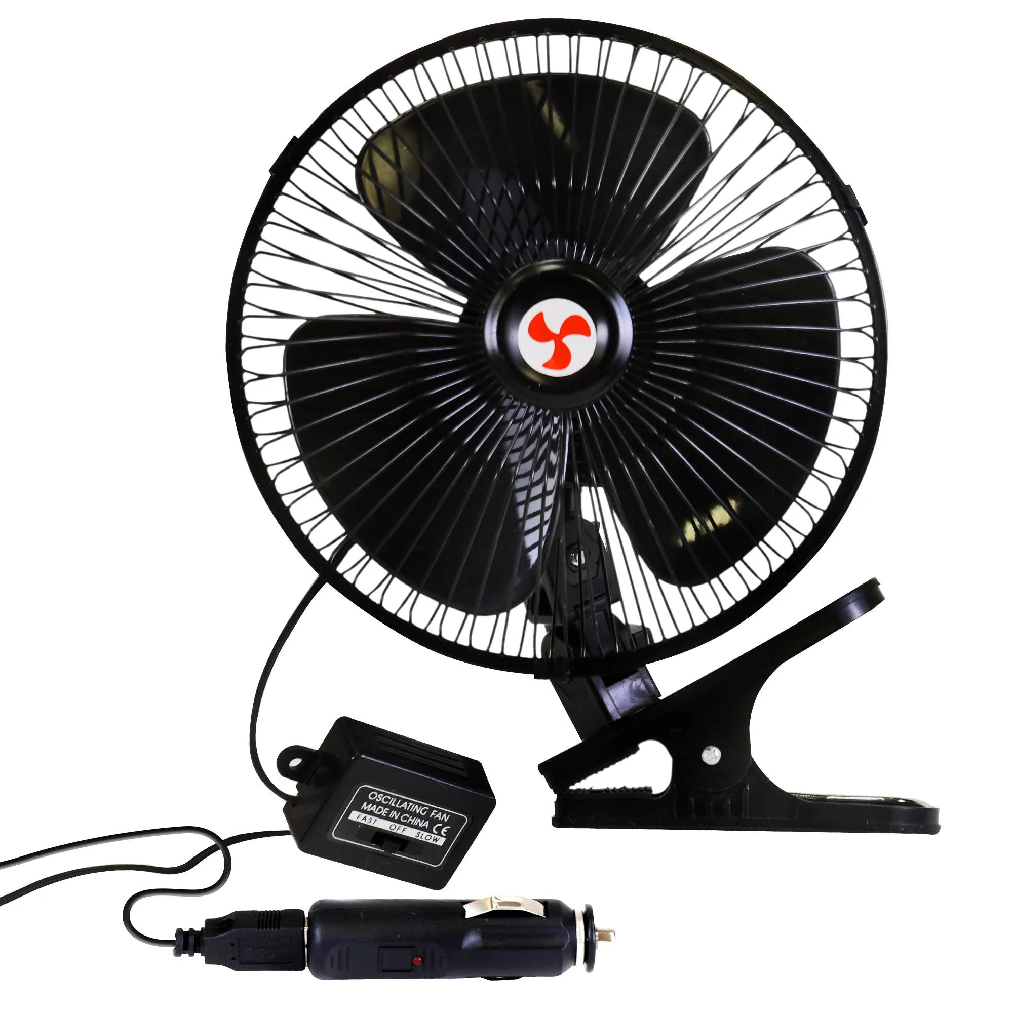 Koolatron 12V Clip-On Oscillating Fan, 2 Speeds, Two-Way Adjustable Neck, Heavy-Duty Non-Slip Clamp, 4 Ft (1.2 m) Power Cord, Black, Efficient Air Circulation for Car, SUV, Truck, RV, Boat, Black