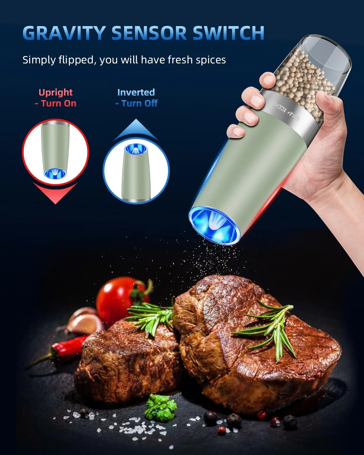 Electric Salt & Pepper Grinder Set, Adjustable Coarseness, LED, One-Hand Use, Stainless Steel 2-Pack