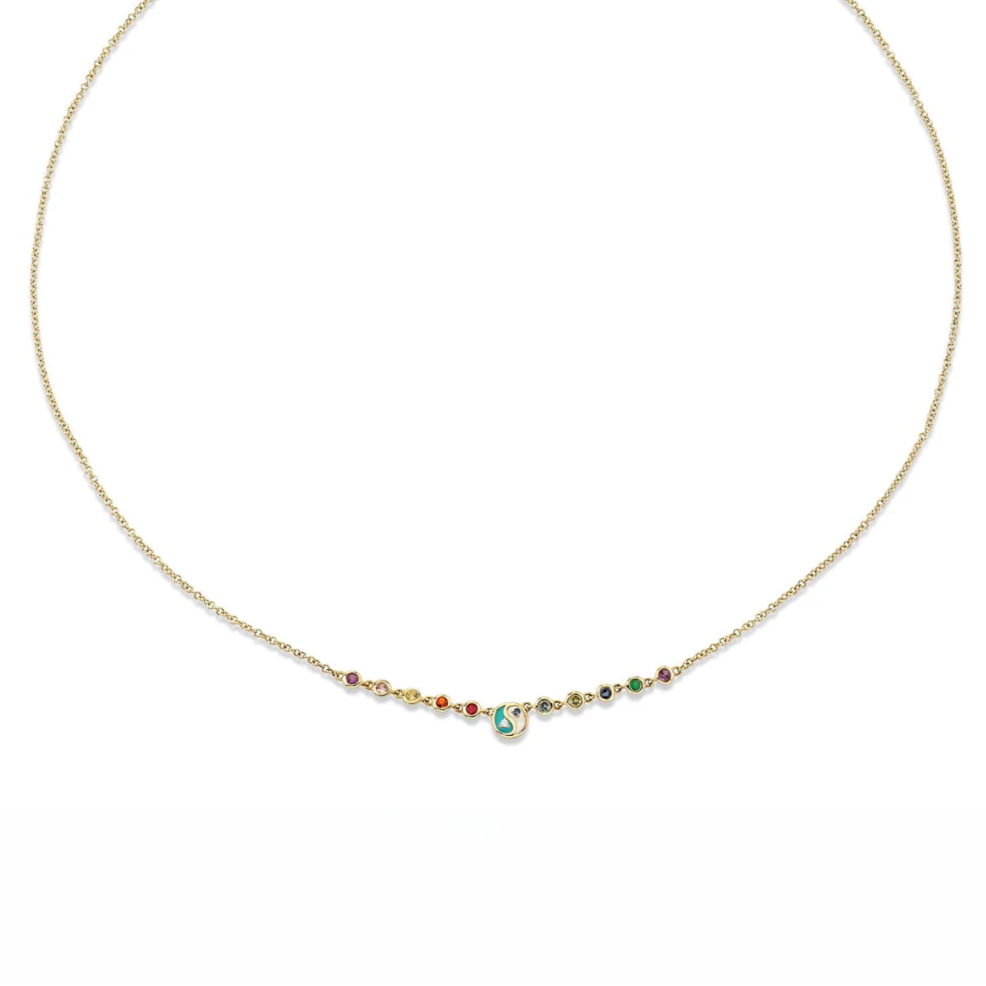 Yin Yang Bezel Linked Necklace - White Diamond and Rainbow / 14k Yellow Gold