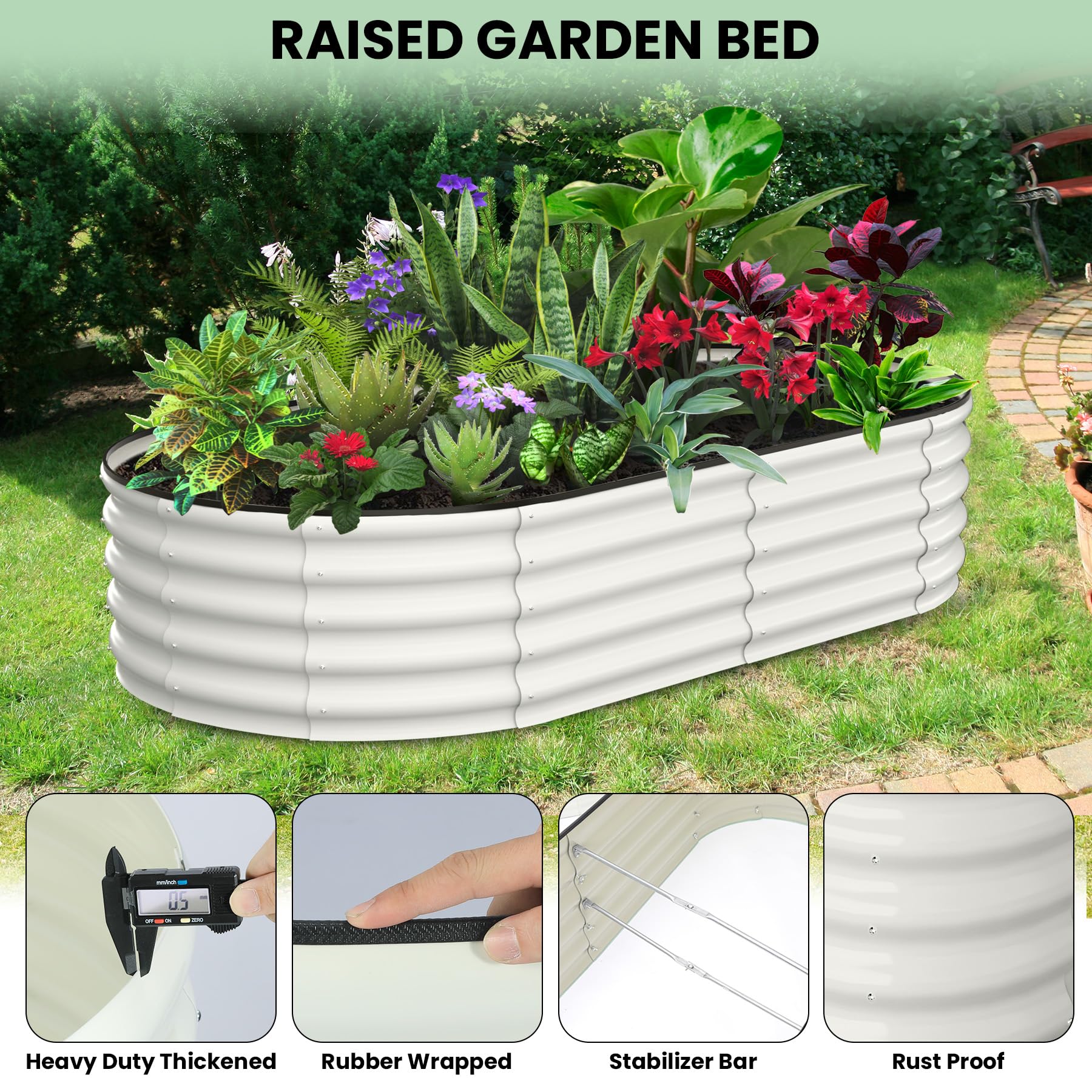 Garvee 2 Pcs 6' X 3' X 2' Oval Raised Garden Bed, Galvanized Raised Beds for Outdoor, Planter Raised Boxes with Open-Ended Base,Large Metal Raised Planter Beds for Vegetables,Flowers,Tool-Free Assembly, White