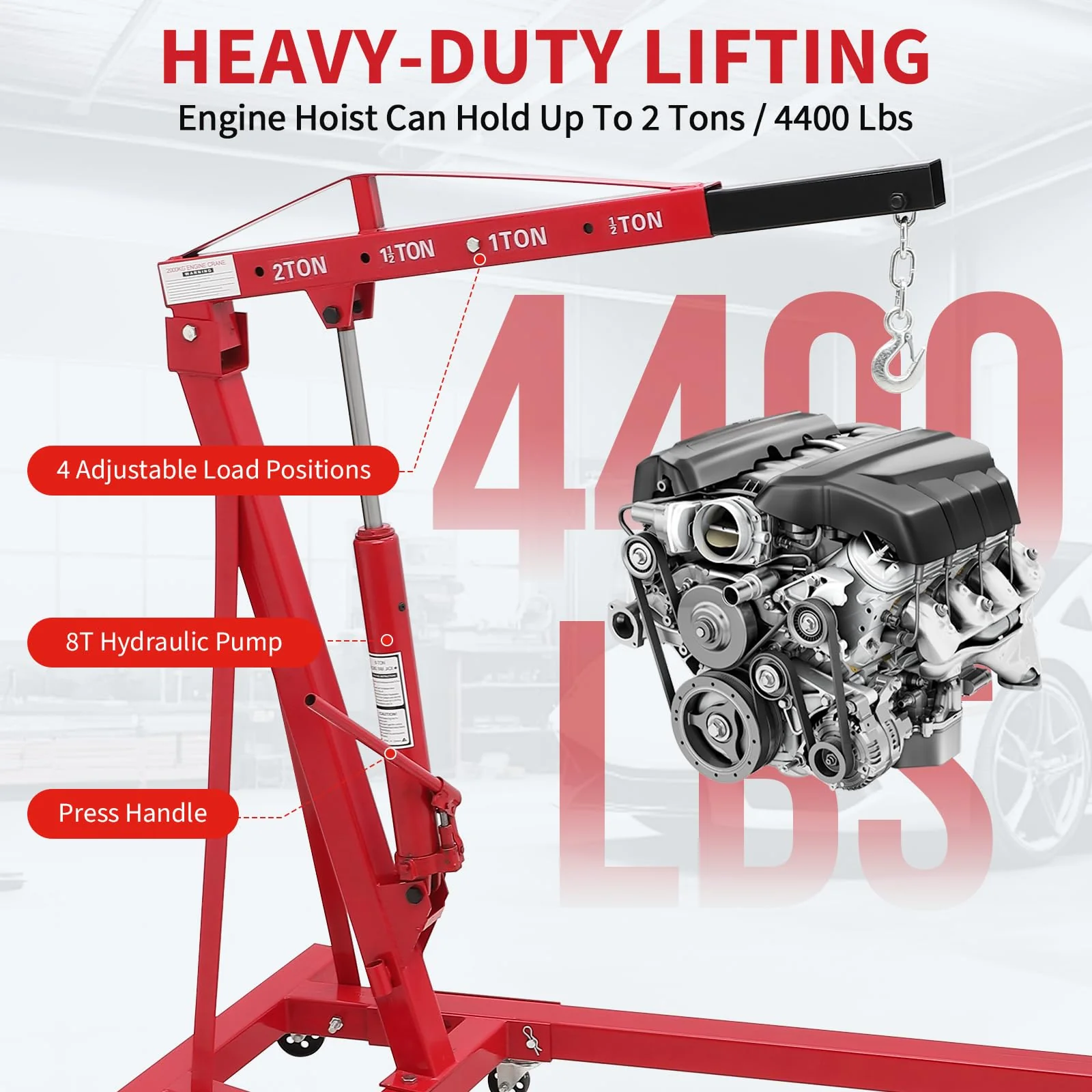 Garvee 2-Ton Folding Engine Hoist - Cherry Picker Hydraulic Shop Crane with 4400 lbs Capacity, Red
