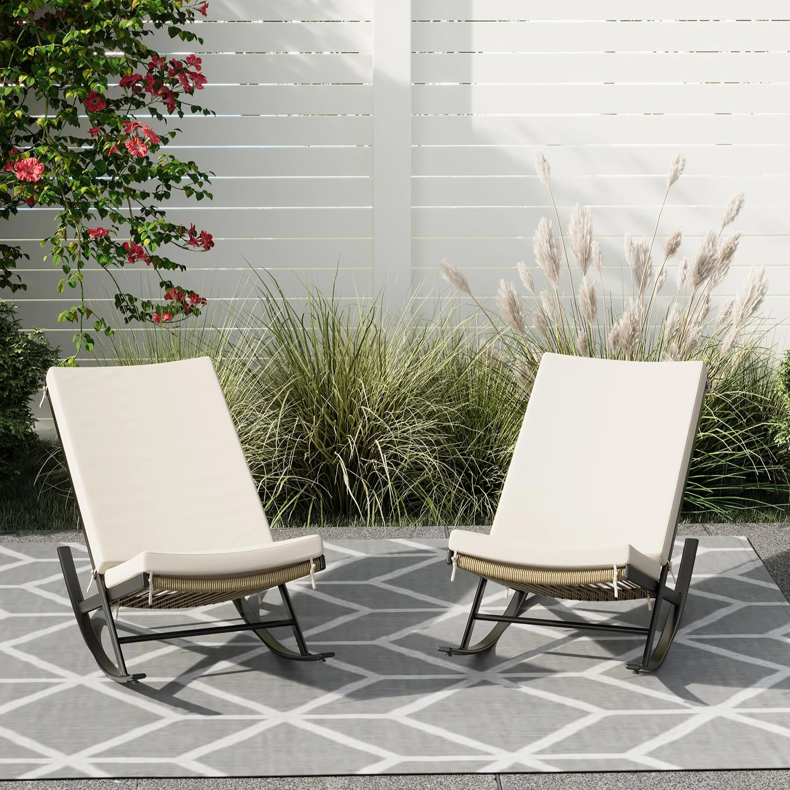 Garvee 2 PC Outdoor Rocking Chairs, Rocker Patio Chair Set of 2 with Cushions for Bistro Balcony Porch Yard, Indoor Outdoor Modern Metal Lounge Rocking Chair for Napping Relaxing, Beige