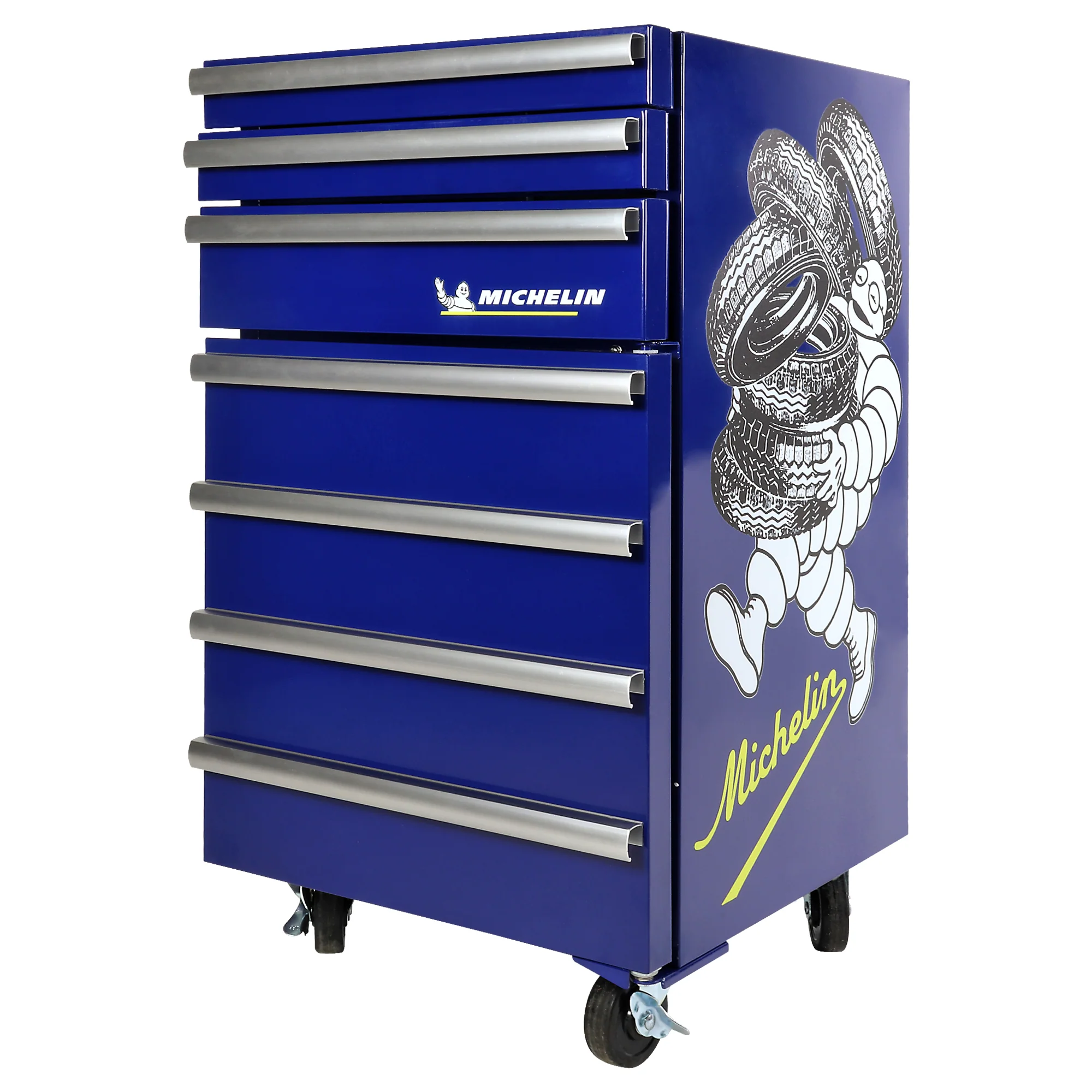 Michelin Tool Chest Fridge, 1.8 cu ft (50L), Rolling Compact Refrigerator w/ Built-In Tool Storage Drawers, Heavy-Duty Locking Swivel Wheels, Licensed Michelin Graphics, Blue
