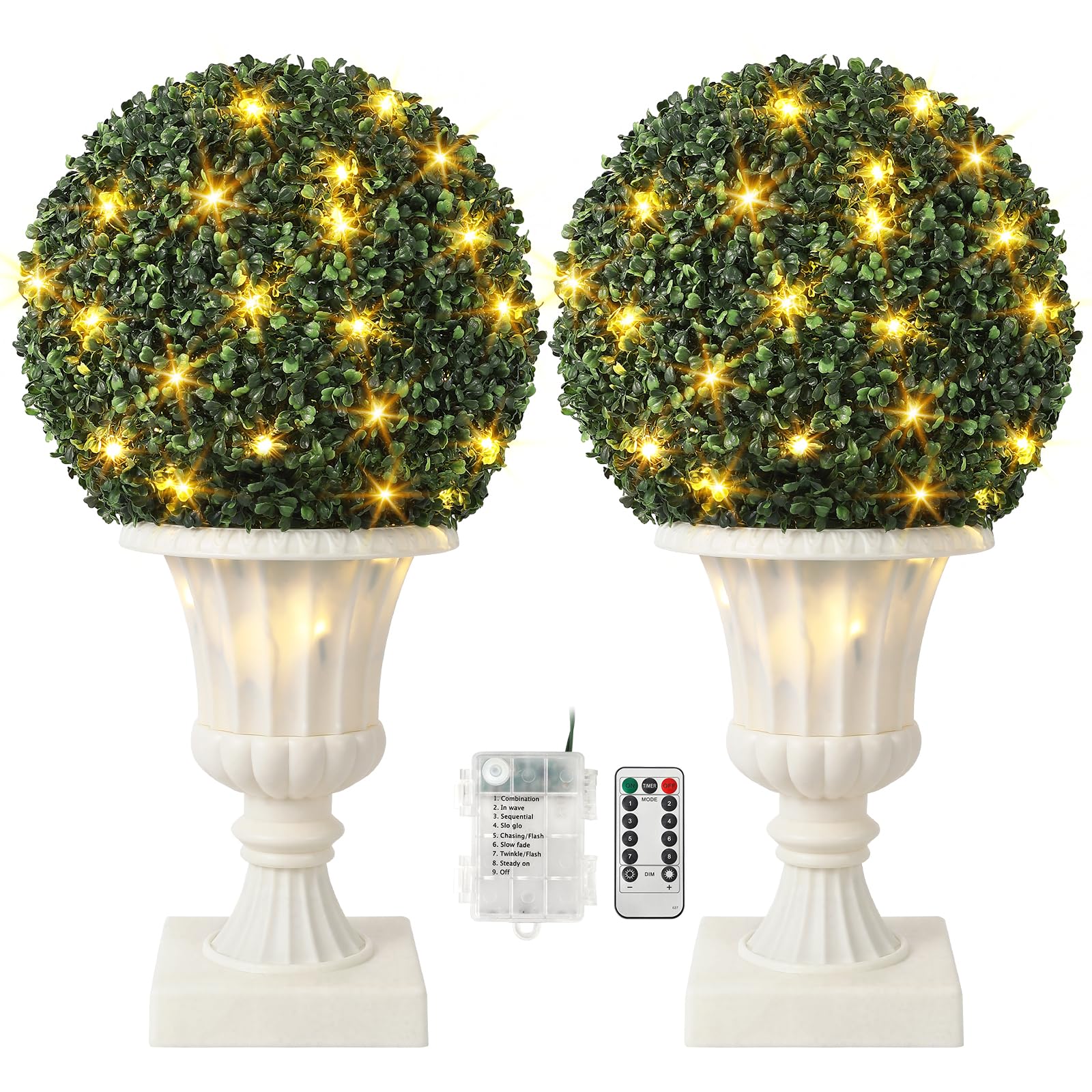 Garvee 16” Artificial Plant Topiary Ball, Pre-Lit Artificial Topiary Plant with Lights, Timer and Remote Control, Artificial Outdoor Porch Trees with Light Base for Outdoor Indoor, 2pcs