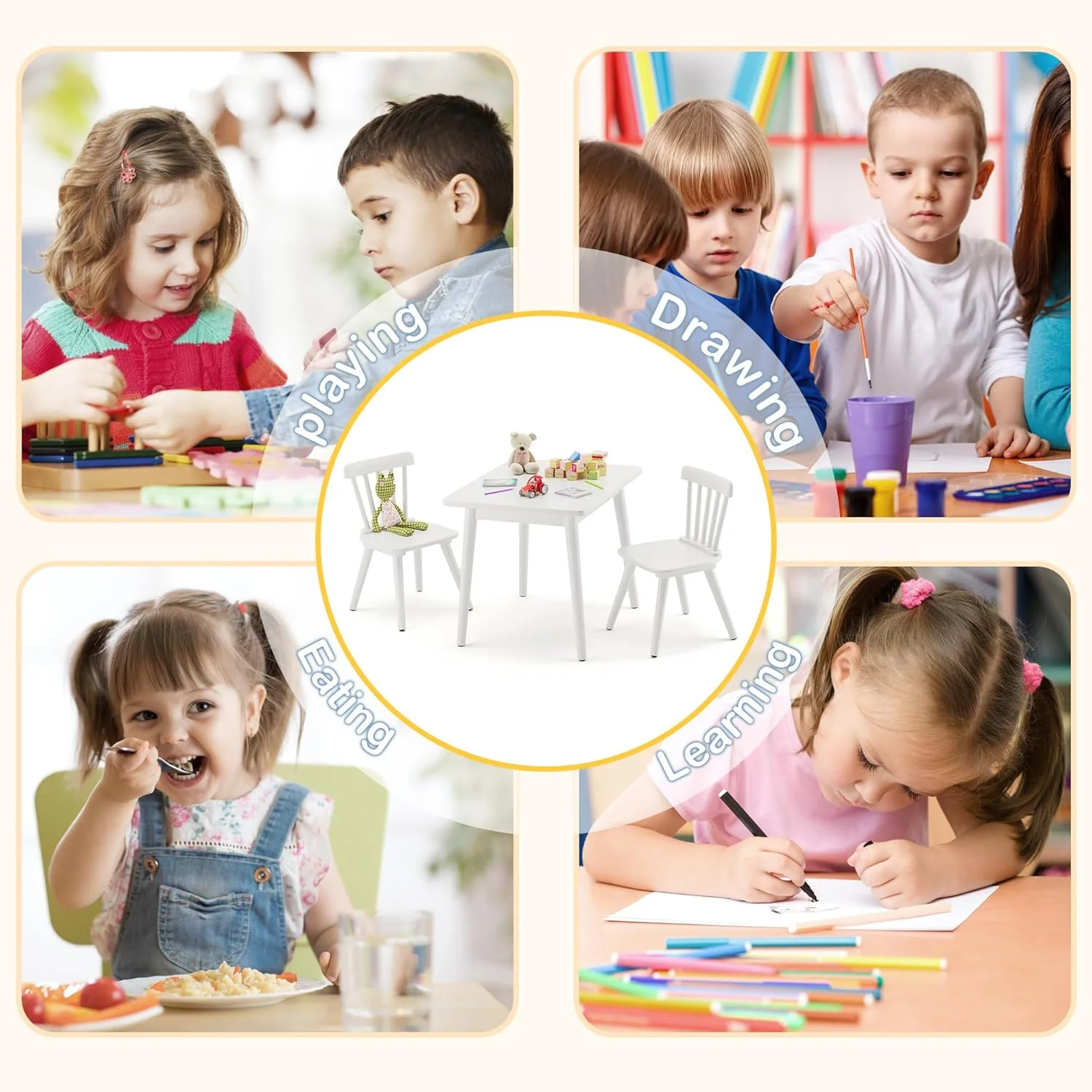 Kids Table and Chair Set - Rubberwood with Non-Slip Legs and Round Edges
