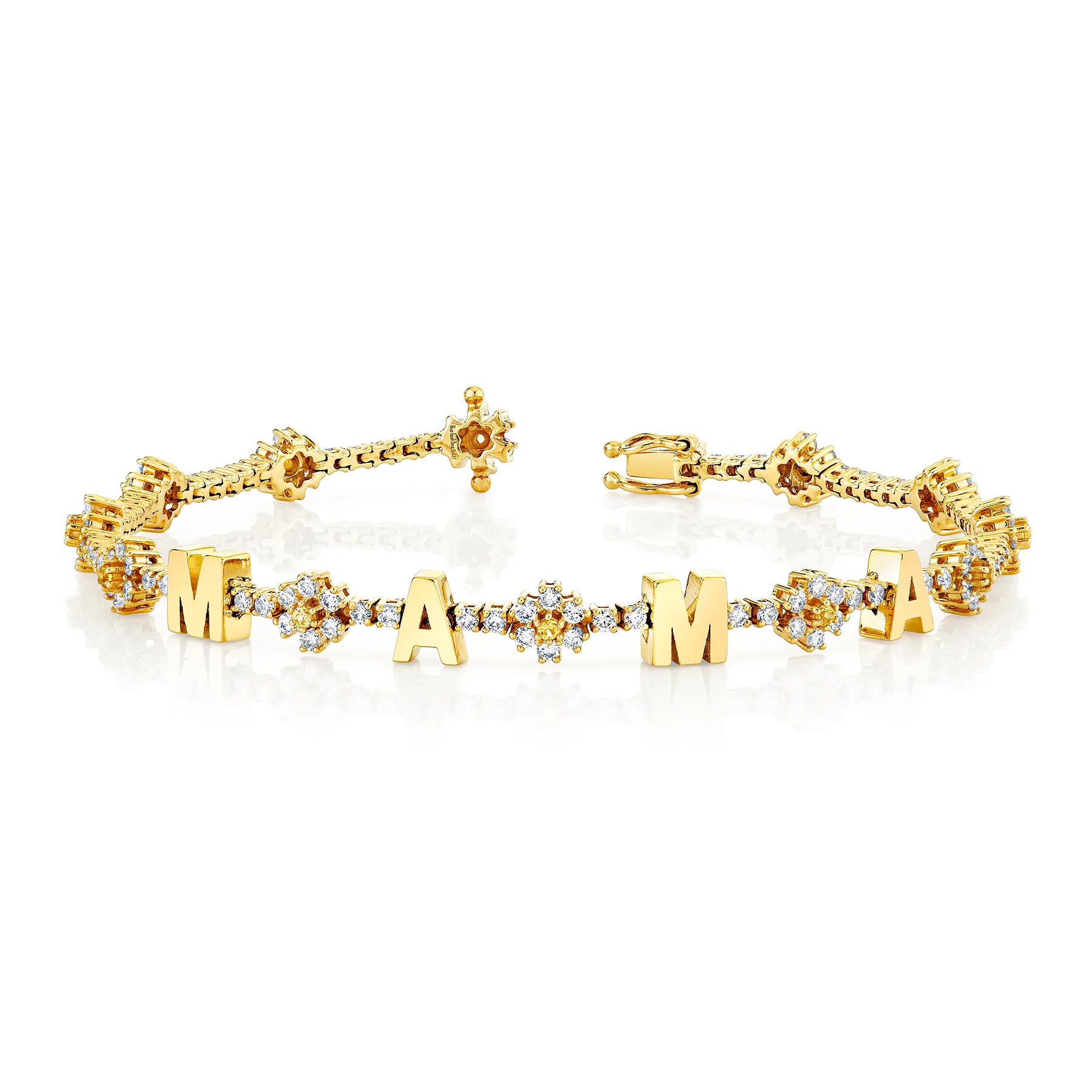 Personalized Diamond Flower Tennis Bracelet - White Diamond and Yellow Sapphire / 14k Yellow Gold