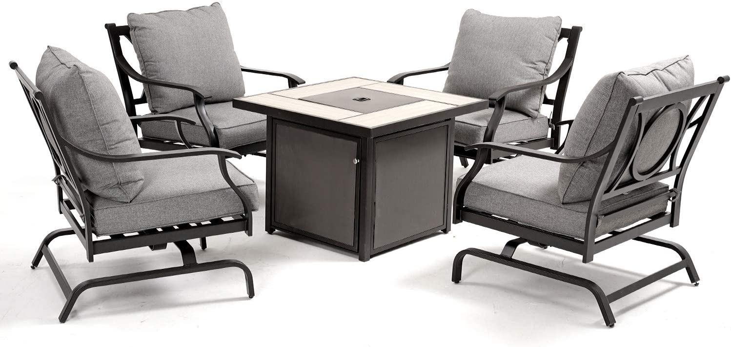 5 PCS Outdoor Furniture Conversation with 32 in Fire Table Set Grey Cushions Rocking Chairs Propane Gas Fire Pit