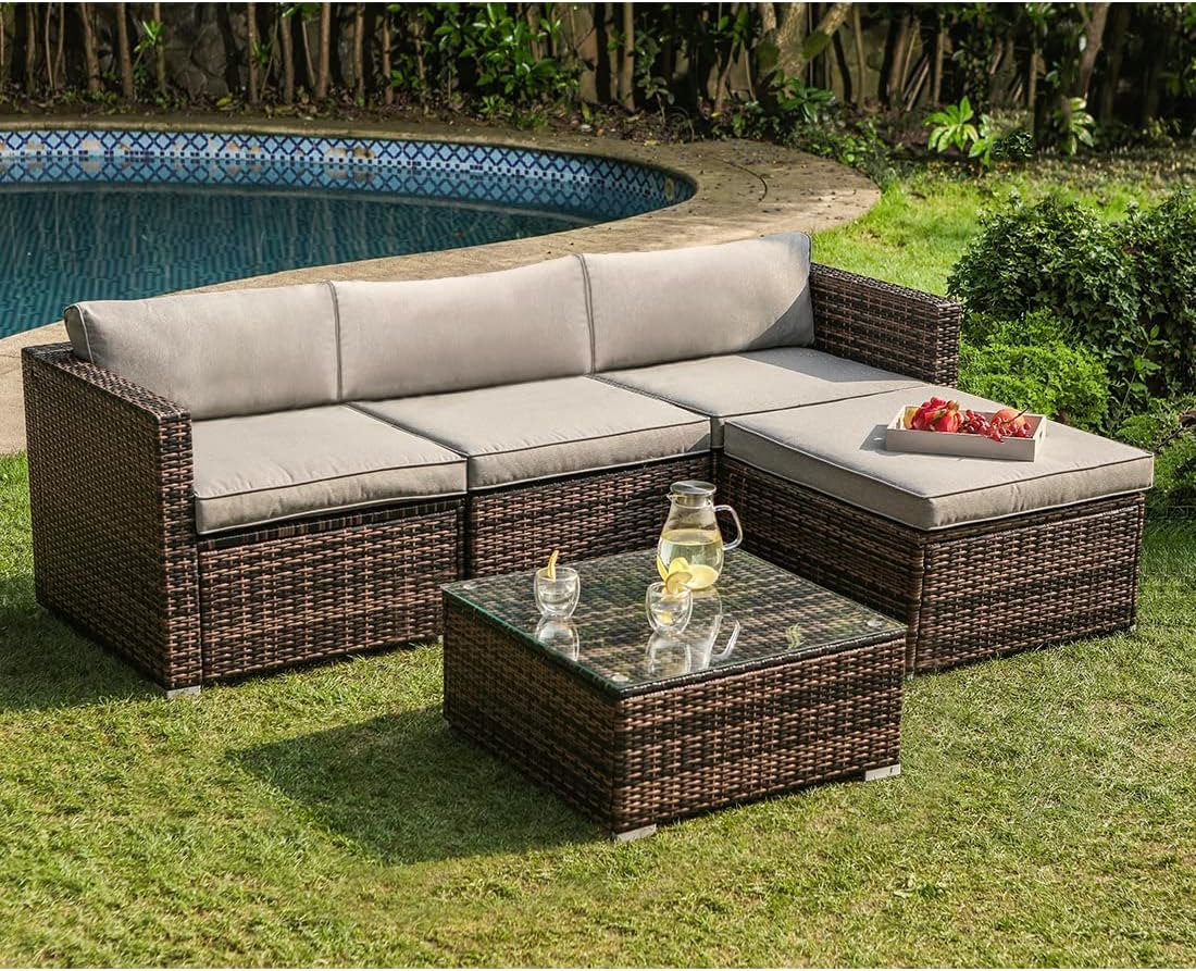 5-Piece Outdoor Furniture All-Weather Mottlewood Brown Wicker Sectional Sofa w Warm Gray Thick Cushions, Glass-Top Coffee Table, Patio