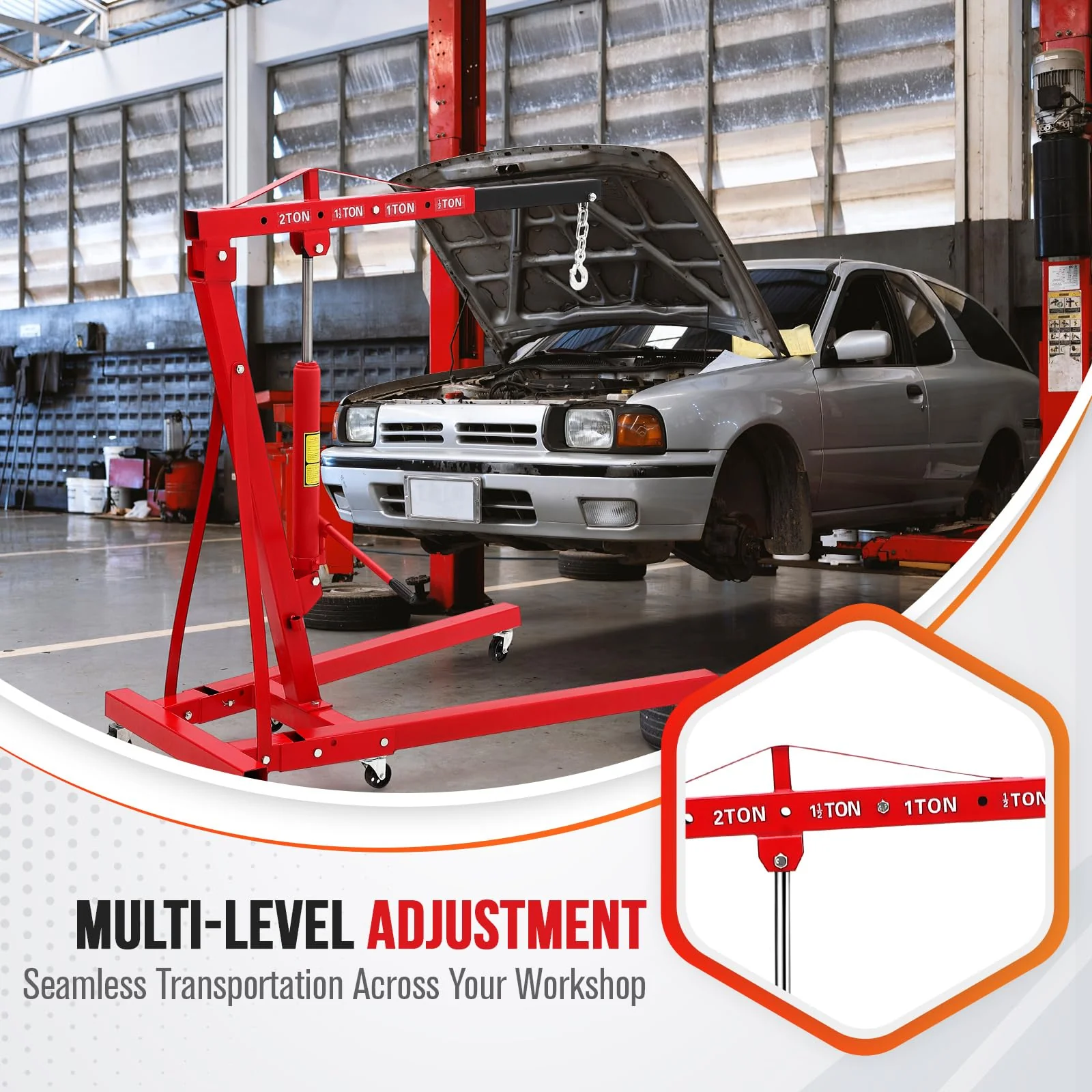 Garvee 2 Ton Hydraulic Engine Hoist 4400LB Heavy Duty Foldable Crane 6 Casters Leveler for Garage Auto Repair, Red