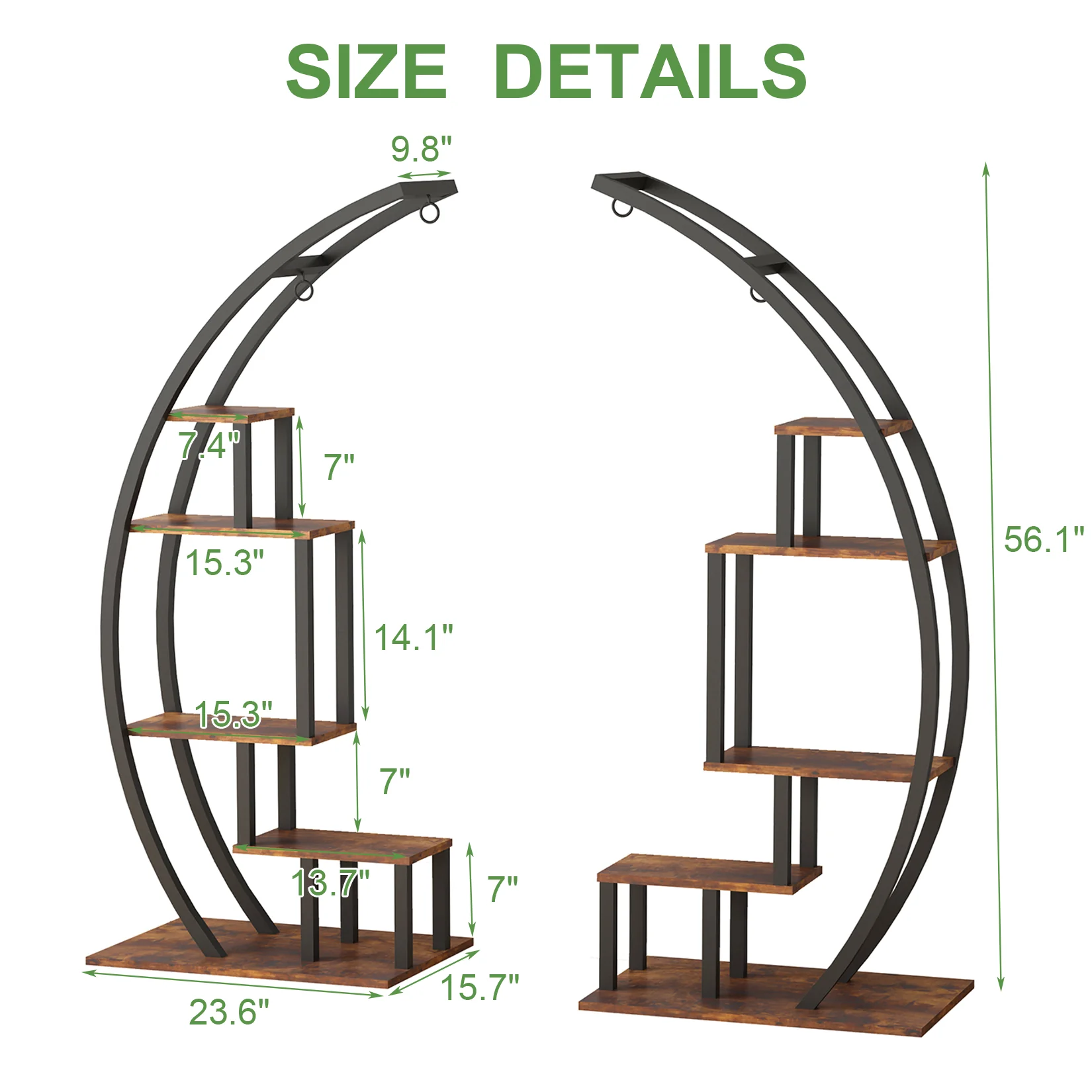 Garvee 2-Pack 5-Tier Half Moon Plant Stand, Curved Ladder Flower Pot Display Rack with Hanging, Powder-Coated Steel & MDF, Indoor/Outdoor, Brown