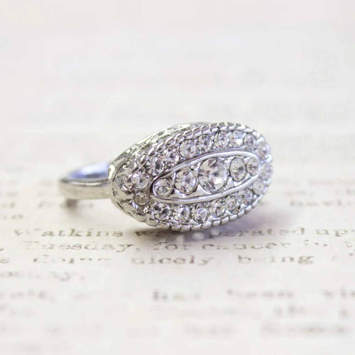 Vintage Clear Crystal Pave Ring in White 18kt Gold Electroplated Setting Made in the USA