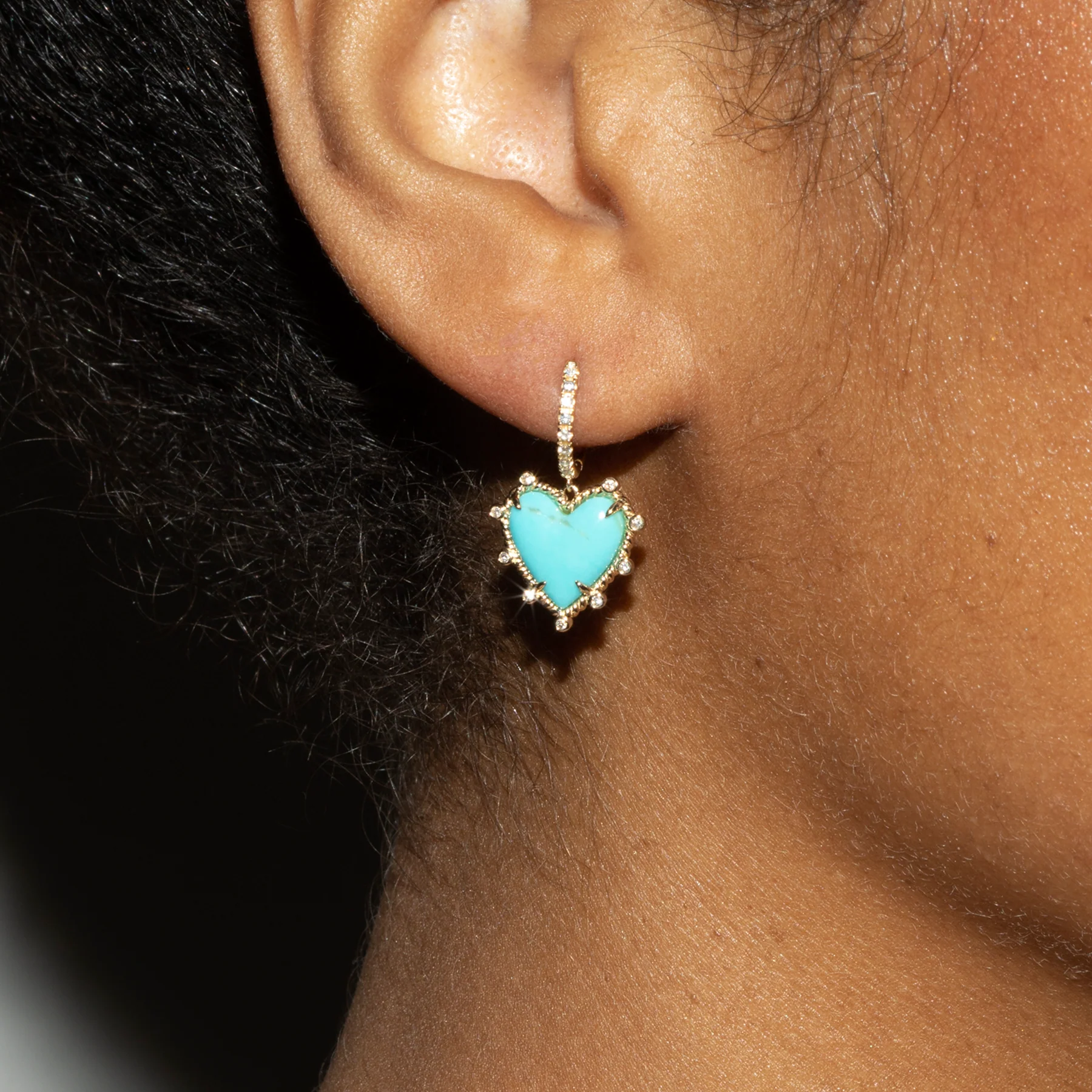 Heart Twist Earring - White Diamond and Turquoise / 14k Yellow Gold