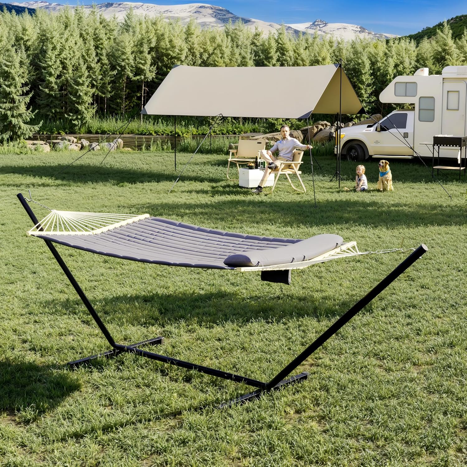 Garvee 2-Person Hammock Set with Collapsible Steel Frame - 450lb Capacity, UV-Resistant, Includes Storage Bag, Dark Gray Concave Design