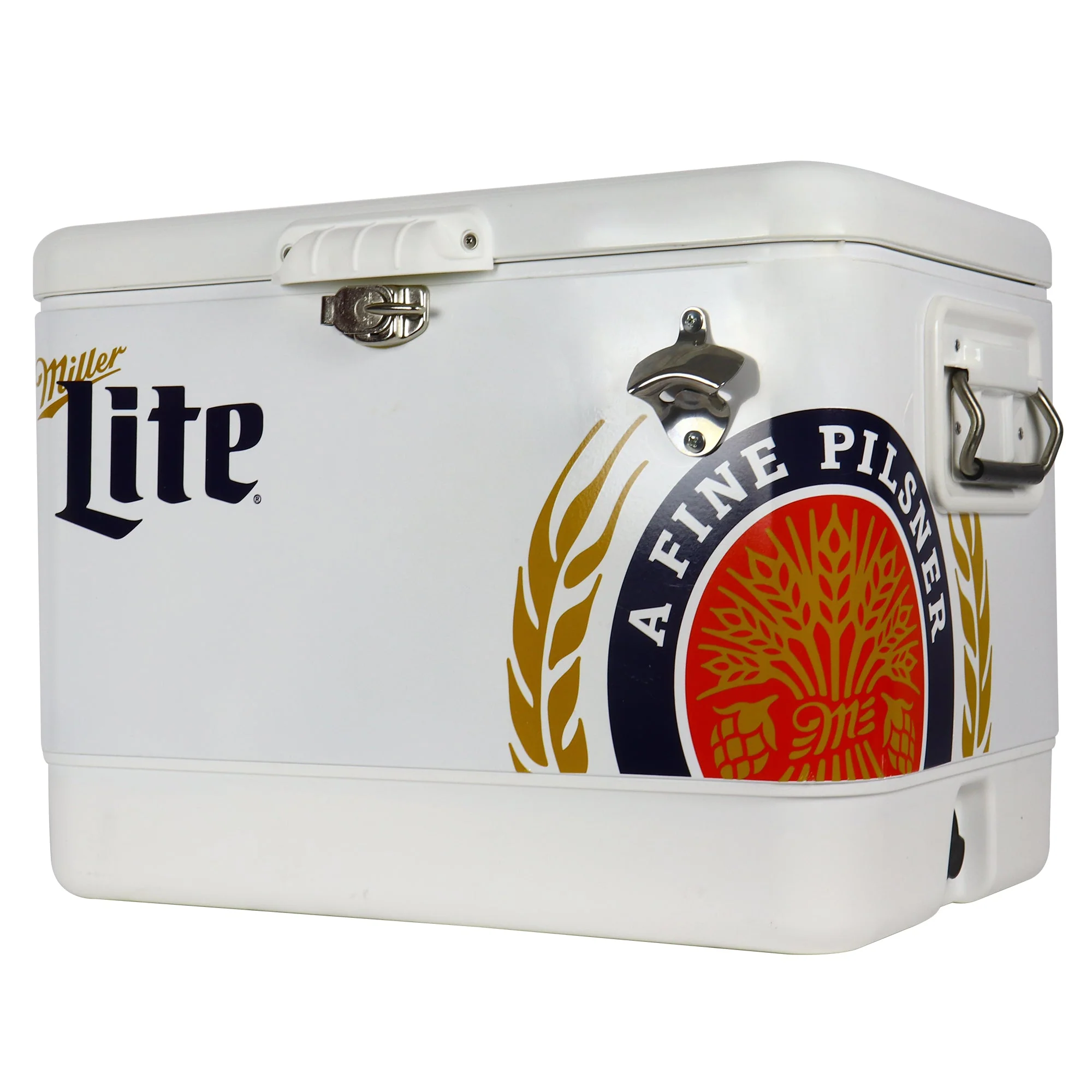 Miller Lite Ice Chest Beverage Cooler with Bottle Opener, 51L (54 qt), 85 Can Steel-Belted Portable Cooler, White and Black, for Camping, Beach, RV, BBQs, Tailgating, Fishing