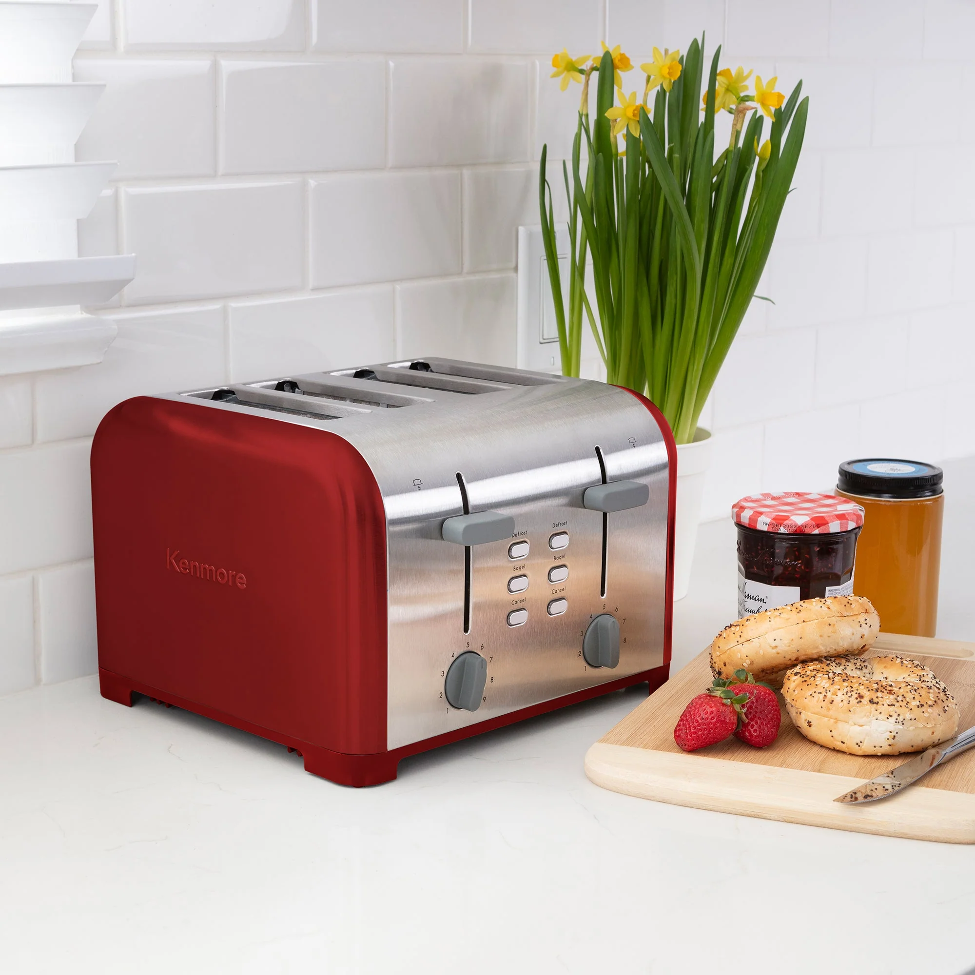 Kenmore 4-Slice Toaster, Red Stainless Steel, Dual Controls, Extra Wide Slots, Bagel and Defrost Functions, 9 Browning Levels, Removable Crumb Trays, for Bread, Toast, English Muffin, Toaster Strudel
