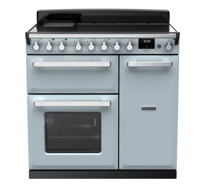 Rangemaster Estel Deluxe 90cm Induction Range Cooker | Misty Blue/Chrome | ESDL90EIPMSB/CM1
