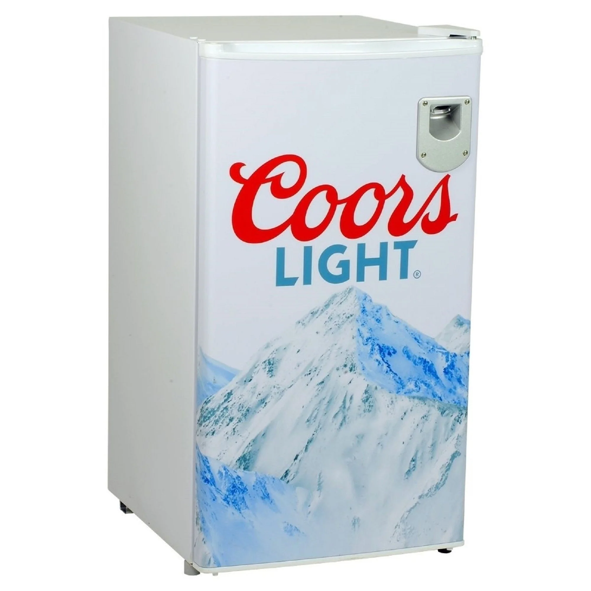 Coors Light Compact Fridge w/ Bottle Opener, 3.2 cu ft (90L), White, Space-Saving Flat Back Design, Reversible Door, Tempered Glass Shelves, Licensed Coors Light Artwork, Perfect for Beer-Lovers