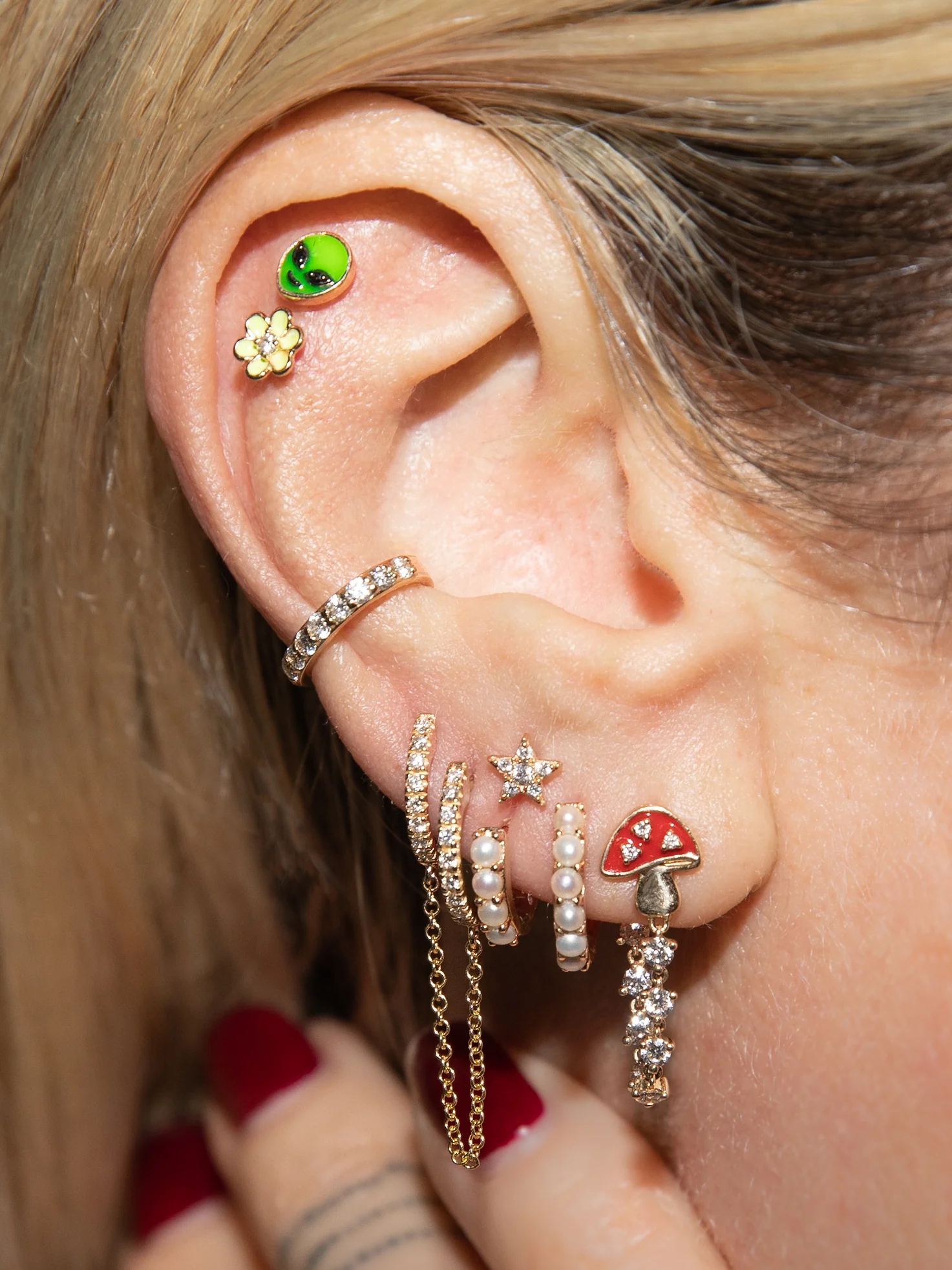 Enamel Stud - Black Diamond and Green Alien / 14k Yellow Gold