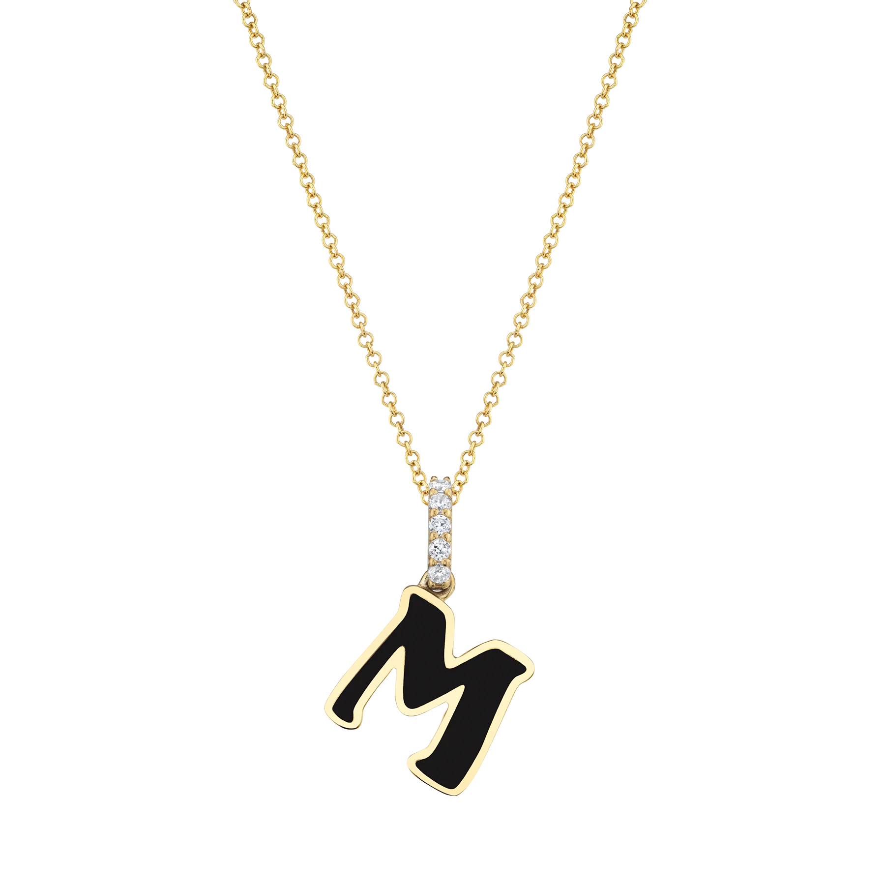 Enamel Letter Pendant - White Diamond and Black Enamel / 14k Yellow Gold