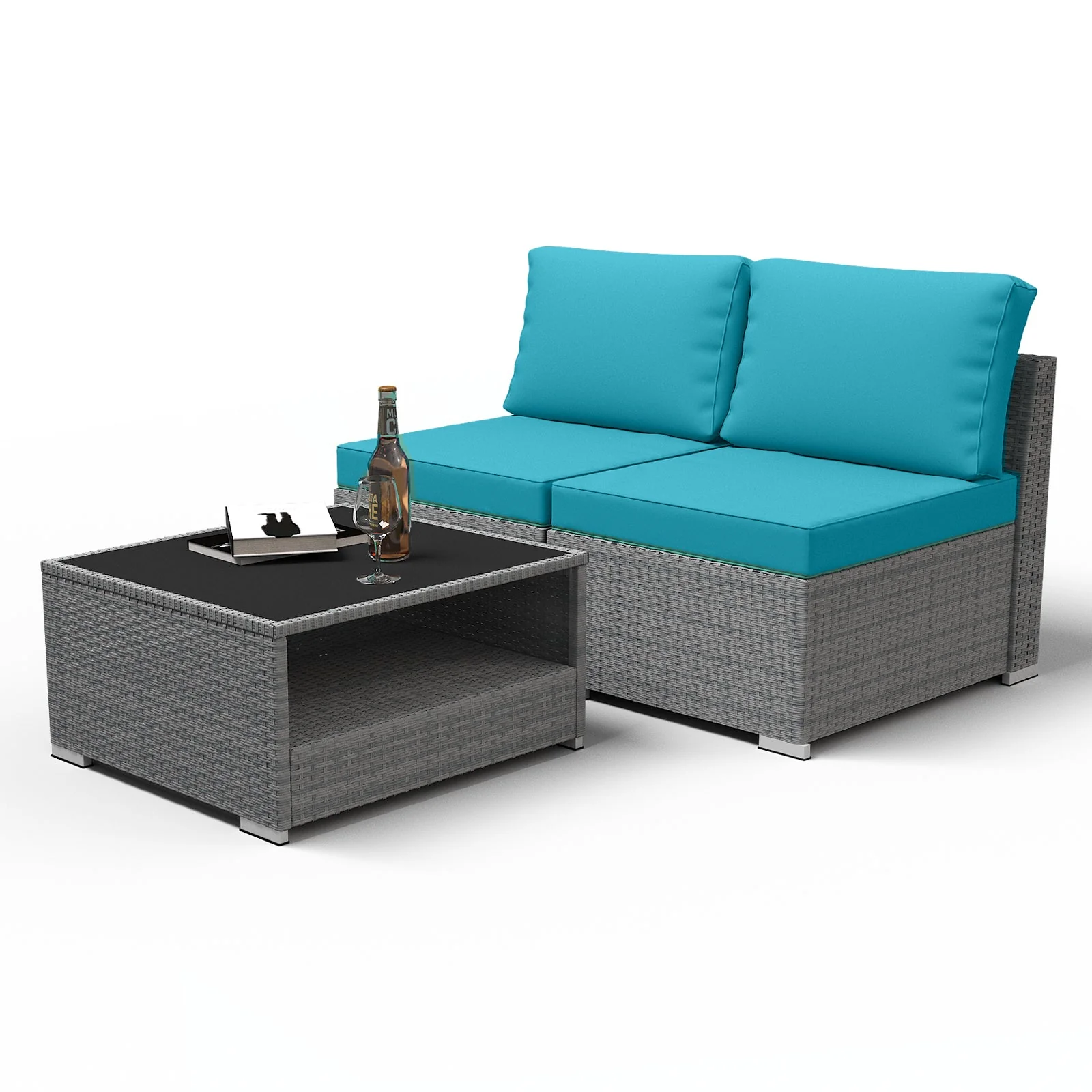 3 Piece Outdoor Patio Armless Chairs with Coffee Table, Sectional Wicker Loveseat Sofa