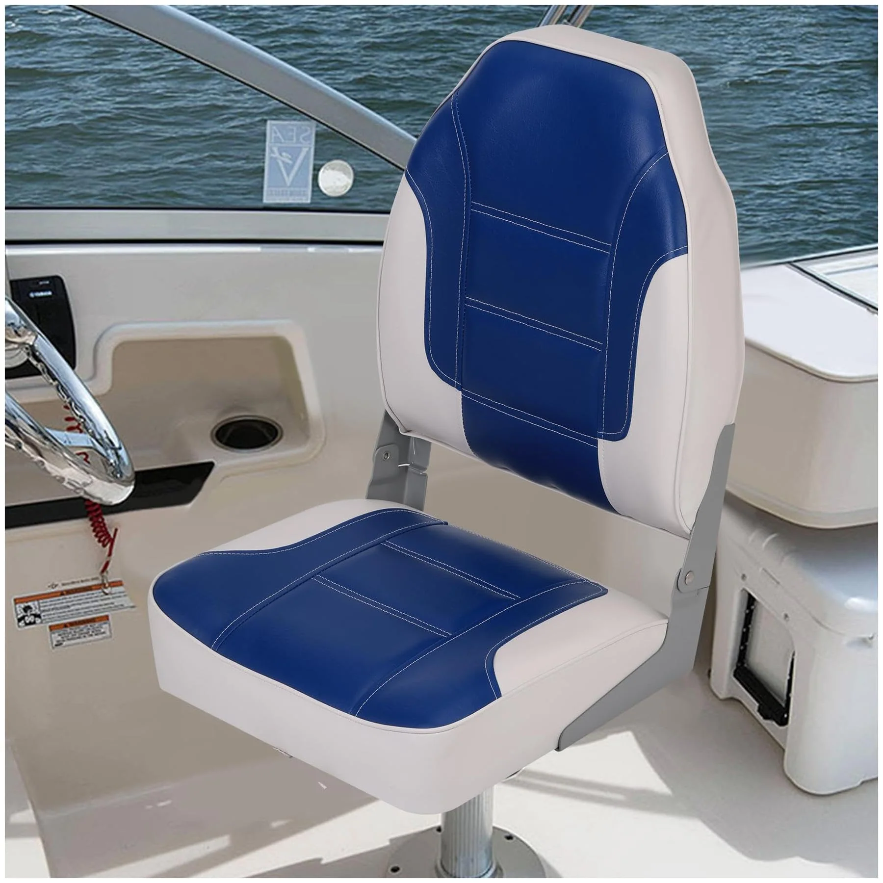 Garvee 2 Pack High Back Folding Boat Seats + Thickened Sponge Padding + Weather-Resistant PVC + Aluminum Hinges + Blue/White + Fishing, Speedboat, Canoe