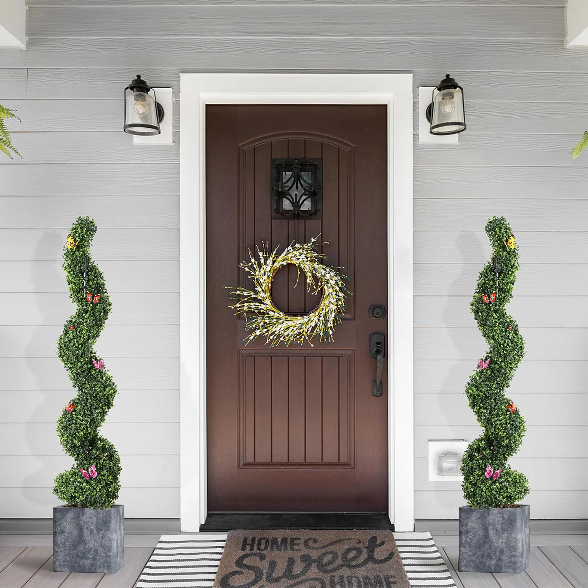 Garvee 2 PCS 4 FT Artificial Spiral Topiary Trees, UV Resistant Artificial Outdoor Plants with Straw Bag, Front Door Faux Plant, Fake Outdoor Topiary Set of 2 for Home Decor, Porch, Garden