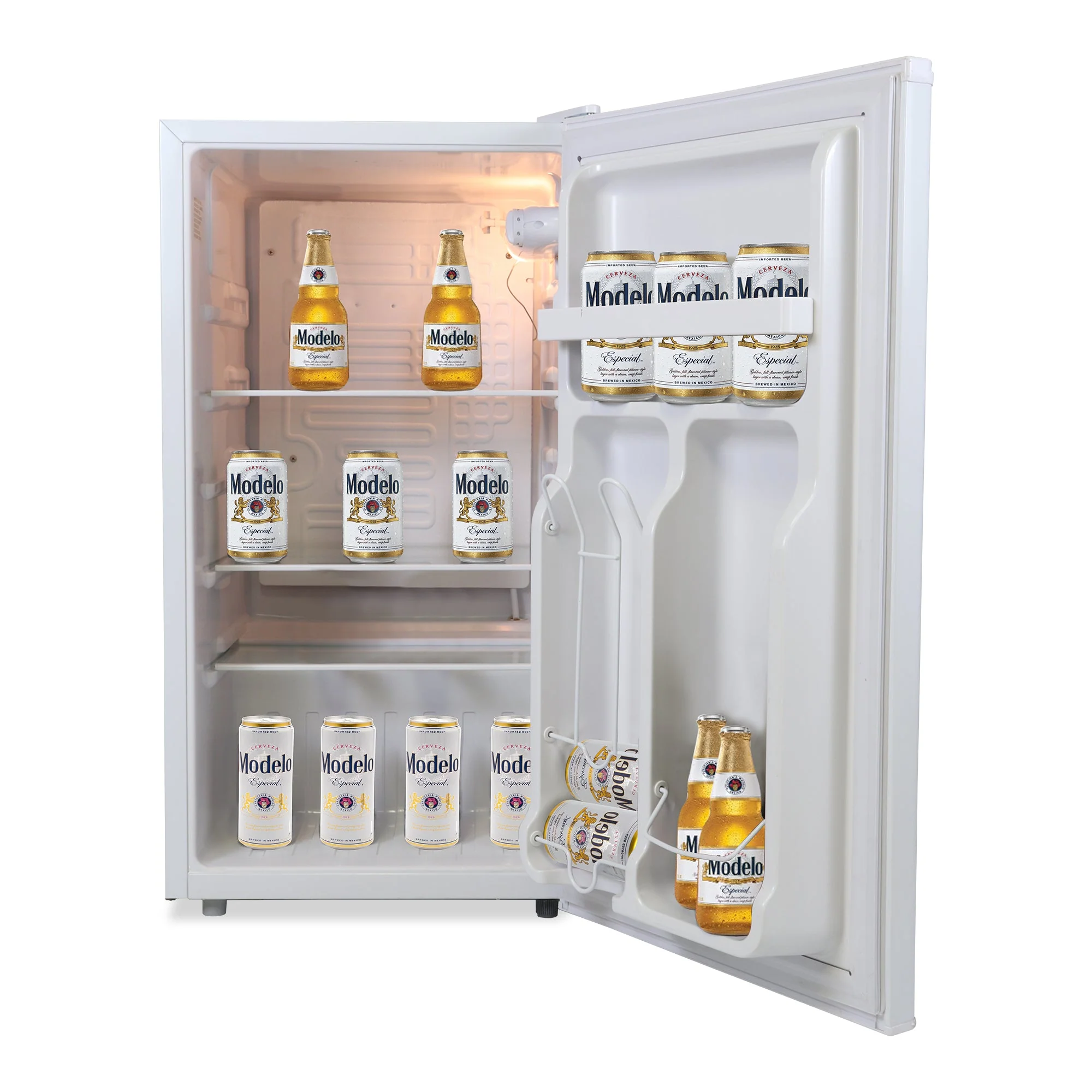 Modelo Compact Fridge w/ Bottle Opener, 3.2 cu ft (90L), White, Space-Saving Flat Back Design, Reversible Door, Tempered Glass Shelves, Licensed Modelo Artwork, Perfect for Beer-Lovers