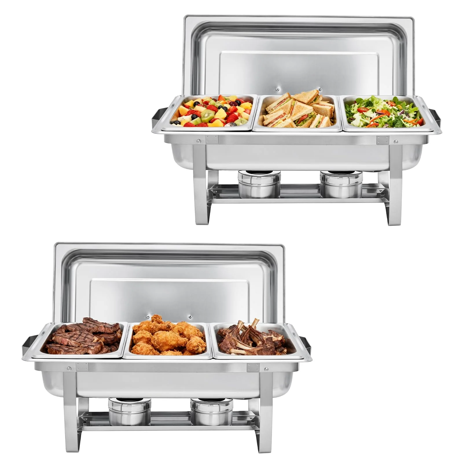 Garvee 2-Pack Stainless Steel Buffet Server Set 3-Well Rectangular Chafing Dish Multi-Compartment Food Warmer for Catering Wedding Events Home Parties 23x14x11.6 Inches Silver