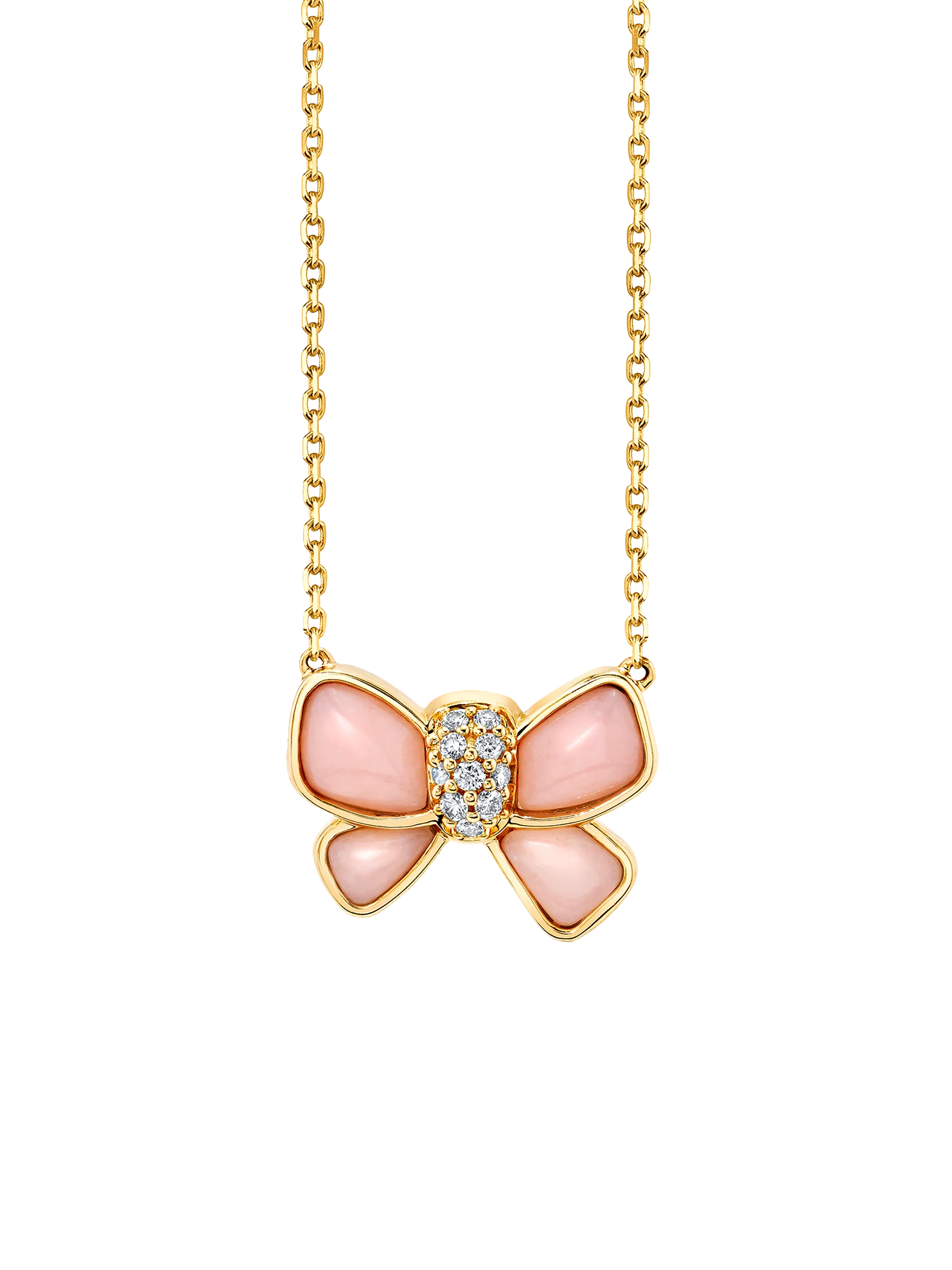 Hand Carved Bow Necklace - White Diamond and Pink Opal / 14k Yellow Gold