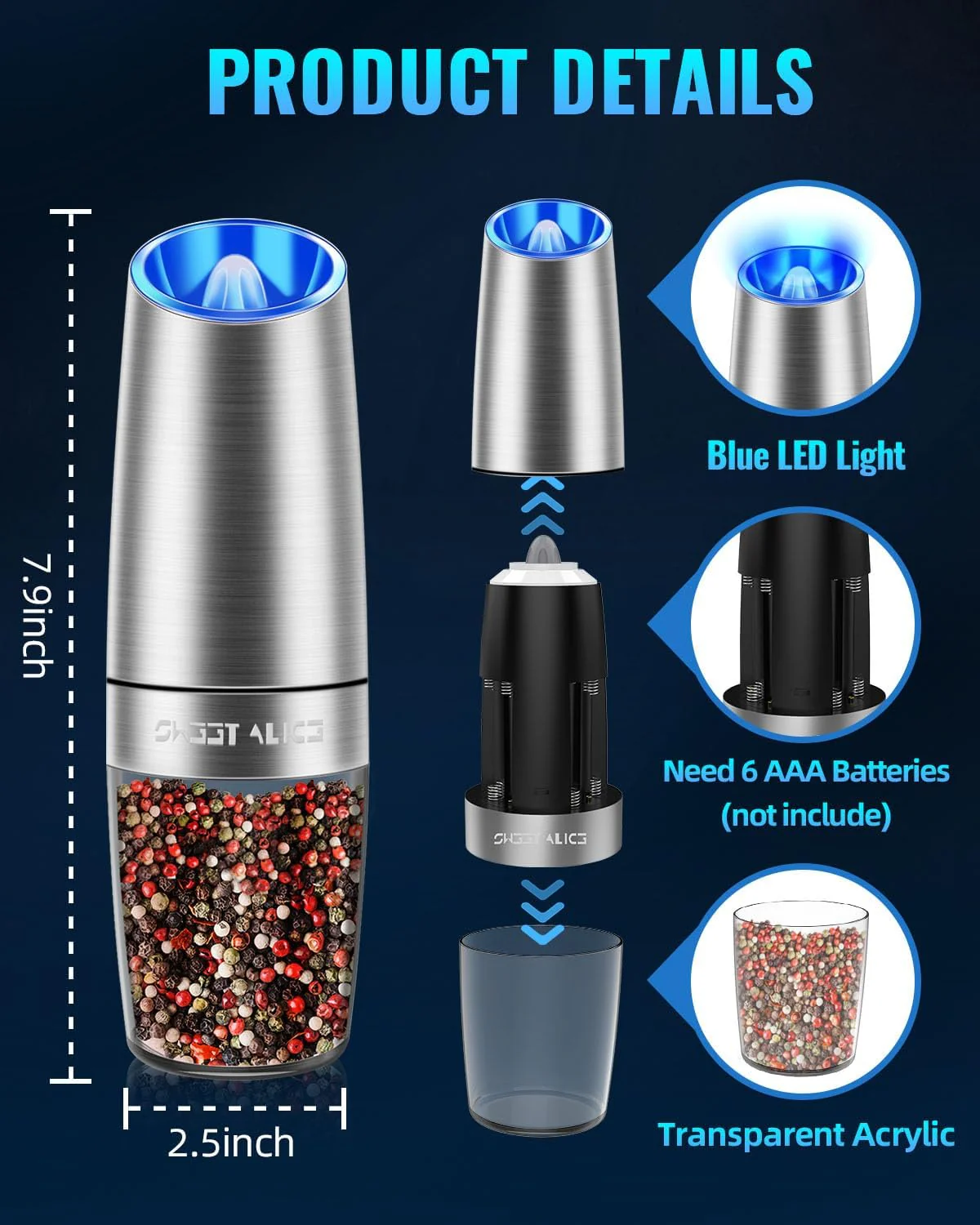 Electric Salt & Pepper Grinder Set, Adjustable Coarseness, LED, One-Hand Use, Stainless Steel 2-Pack