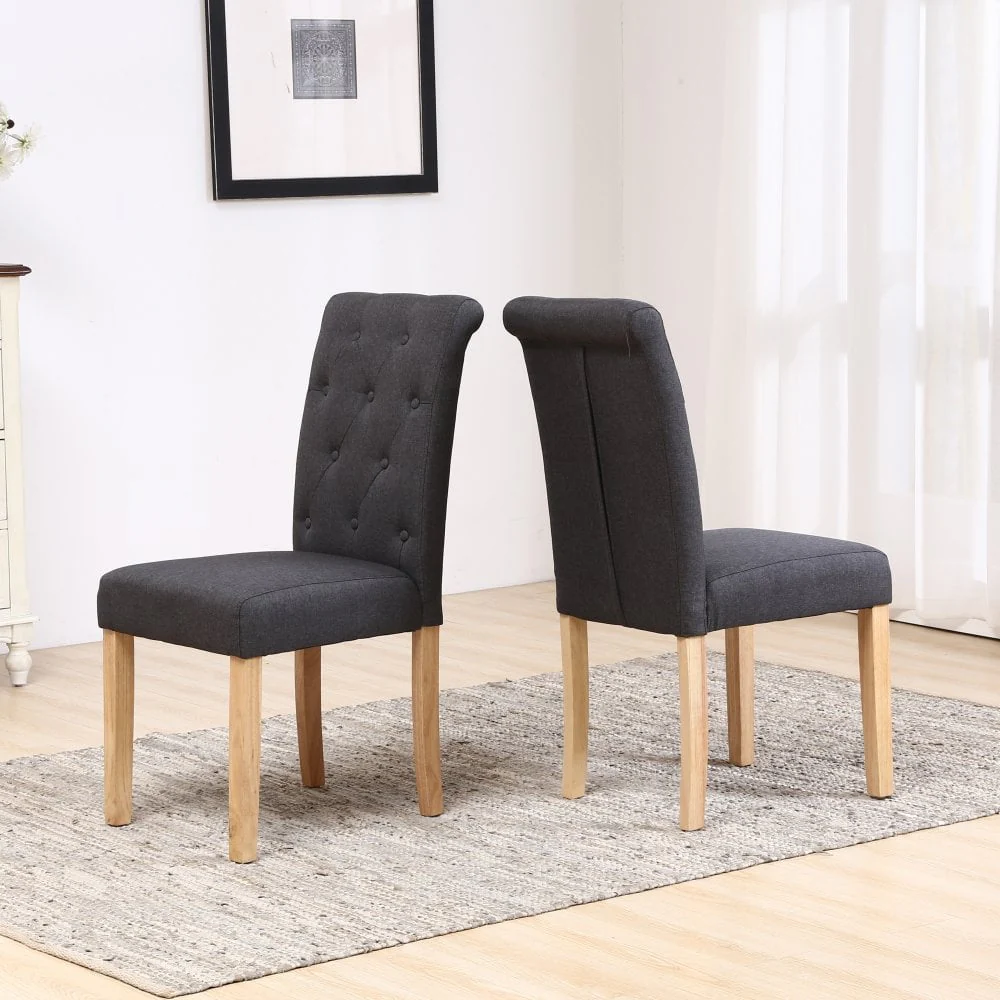 Set of Two Neo Dark Grey Fabric High Button Back Roll Top Dining Table Chairs