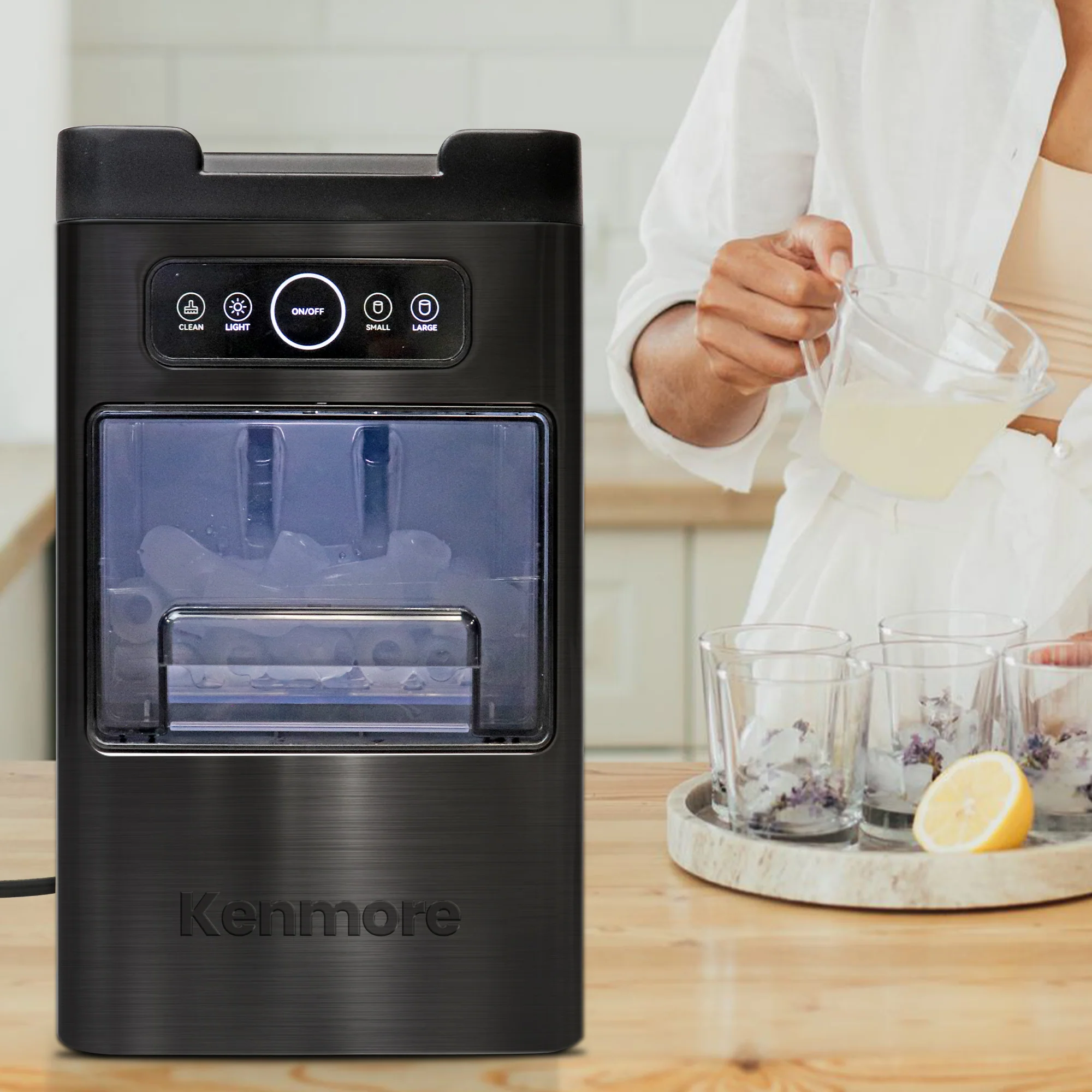 Kenmore Front-Load Countertop Ice Maker | Fits Under Cabinets | Ice Cubes In 6 Min & 26lb/24hrs | Large Or Small Ice Pellets | One-Touch Self-Clean | Portable Ice Machine | Stainless Steel