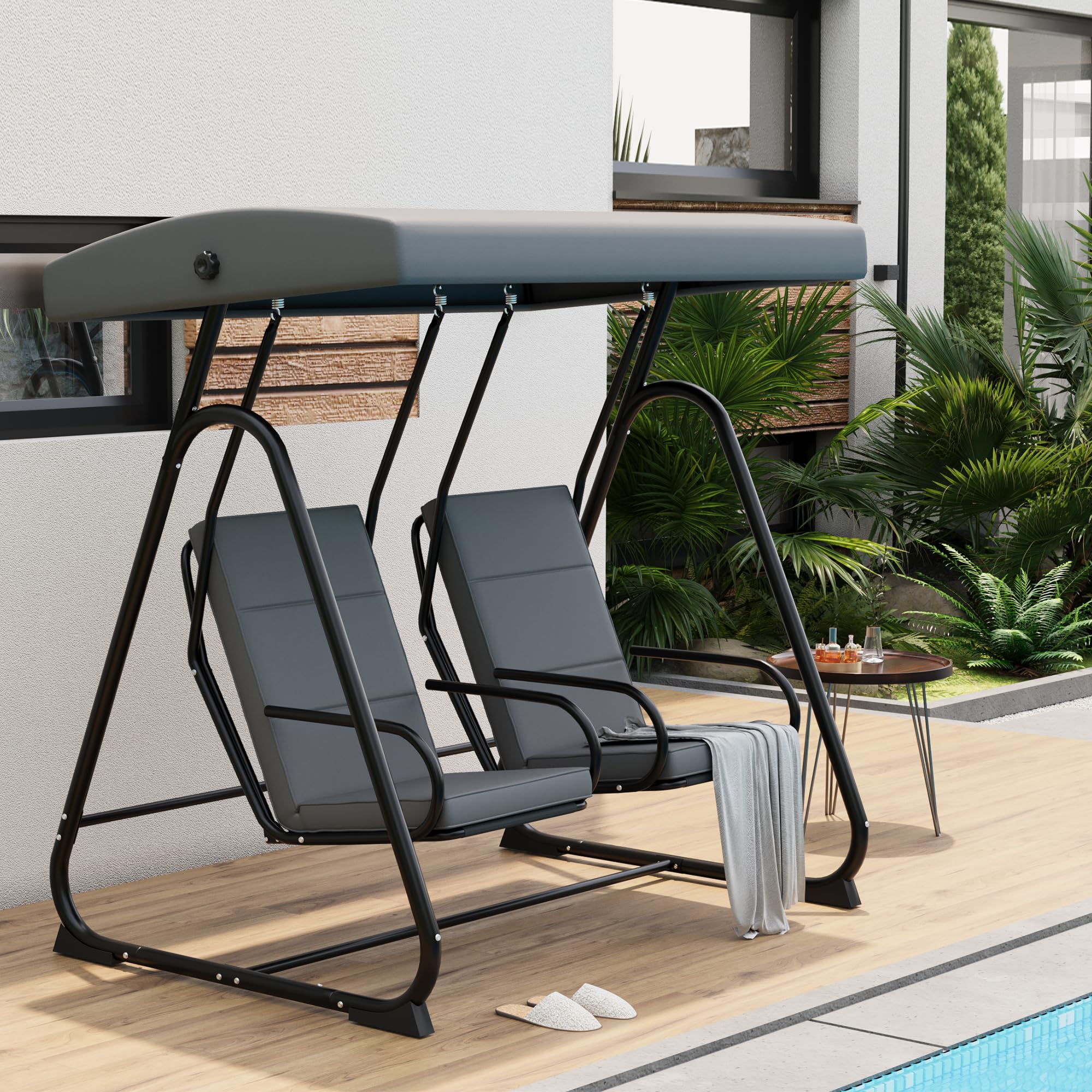 Garvee 2-Person Porch Swing Chair Heavy-Duty Steel Frame Adjustable Canopy Removable Cushions Dark Grey Garden Balcony Poolside