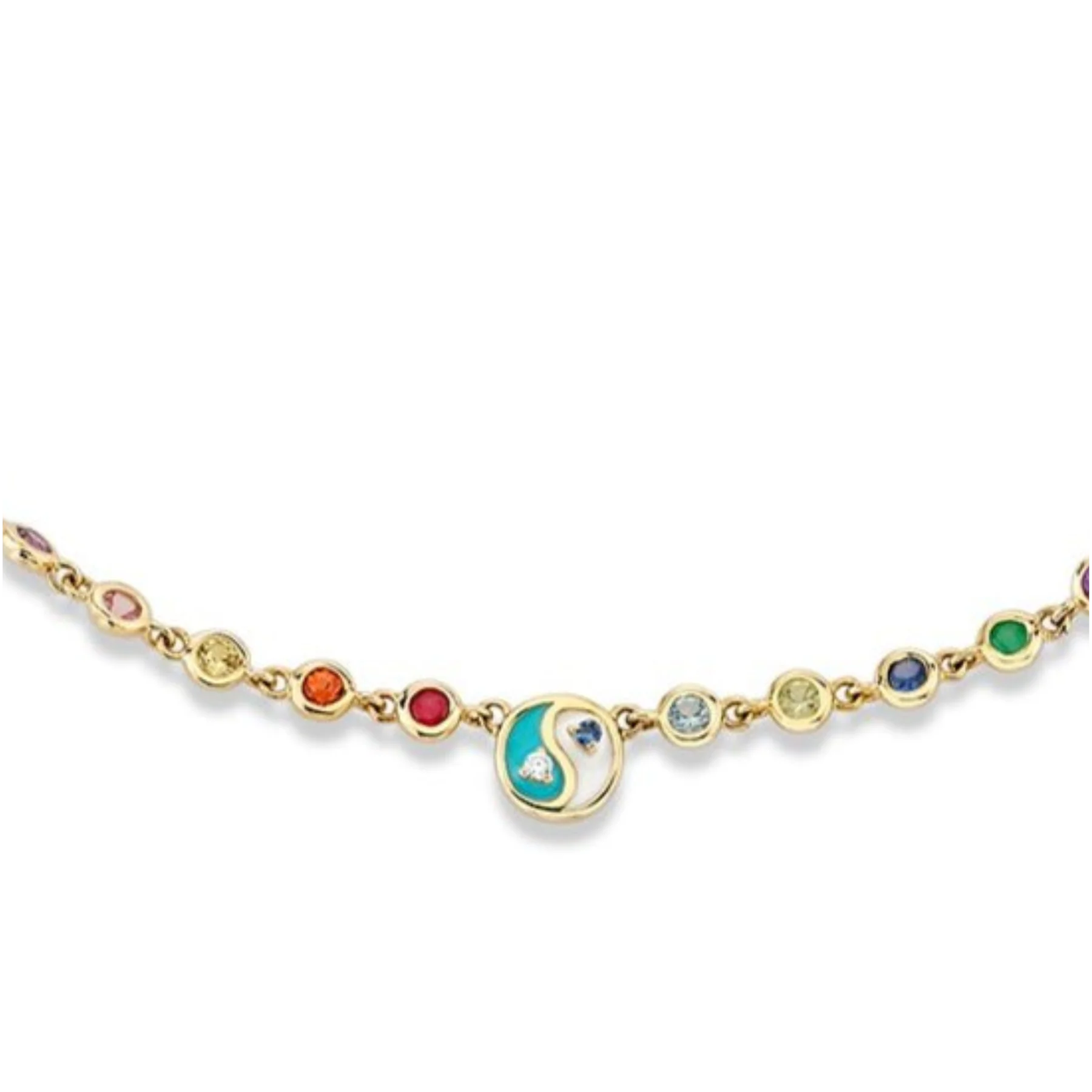 Yin Yang Bezel Linked Necklace - White Diamond and Rainbow / 14k Yellow Gold