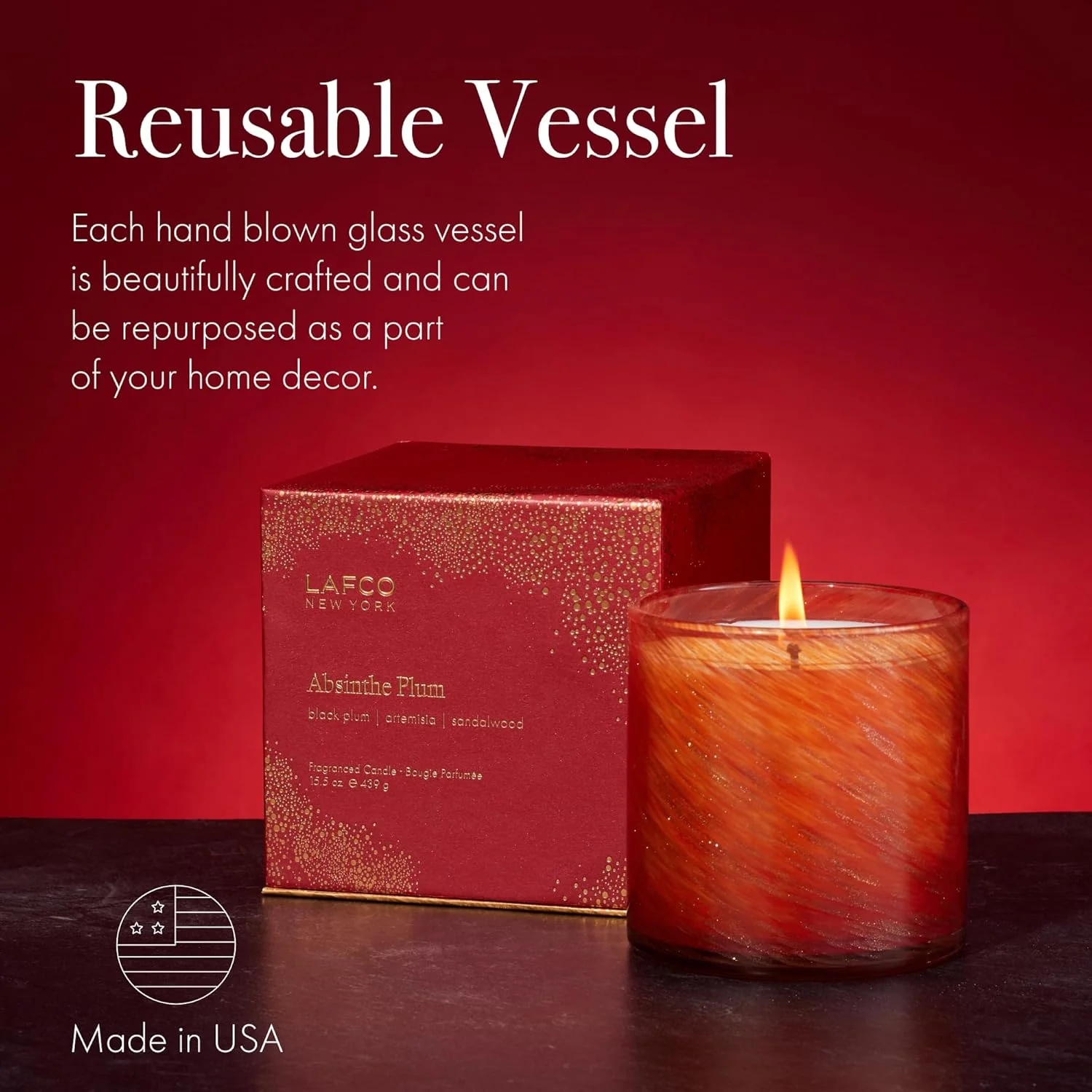 Holiday Candle, 15.5 oz - 90-Hour Burn Time - Reusable, Hand Blown Glass Vessel - Made in The USA