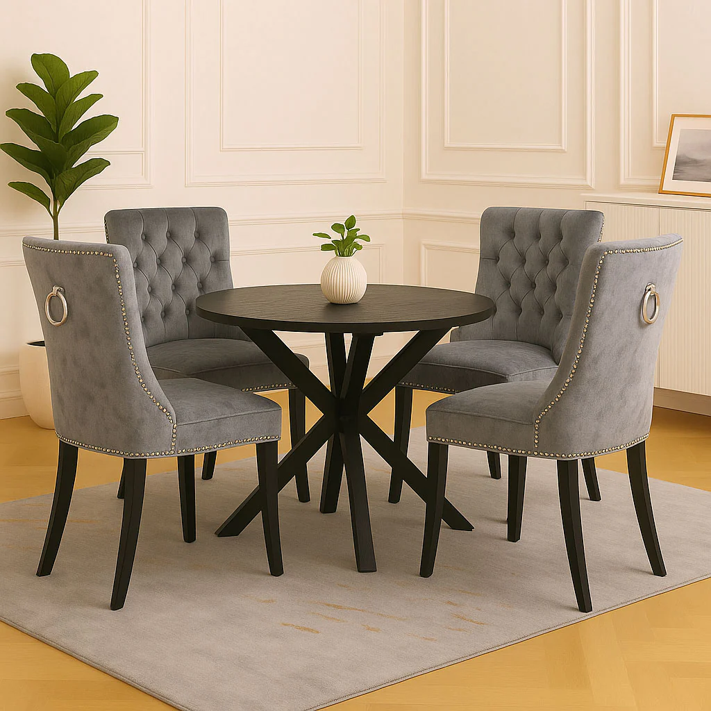 Neo Set of Four Grey Studded Velvet Dining Table Chairs with Ring Knocker Detail