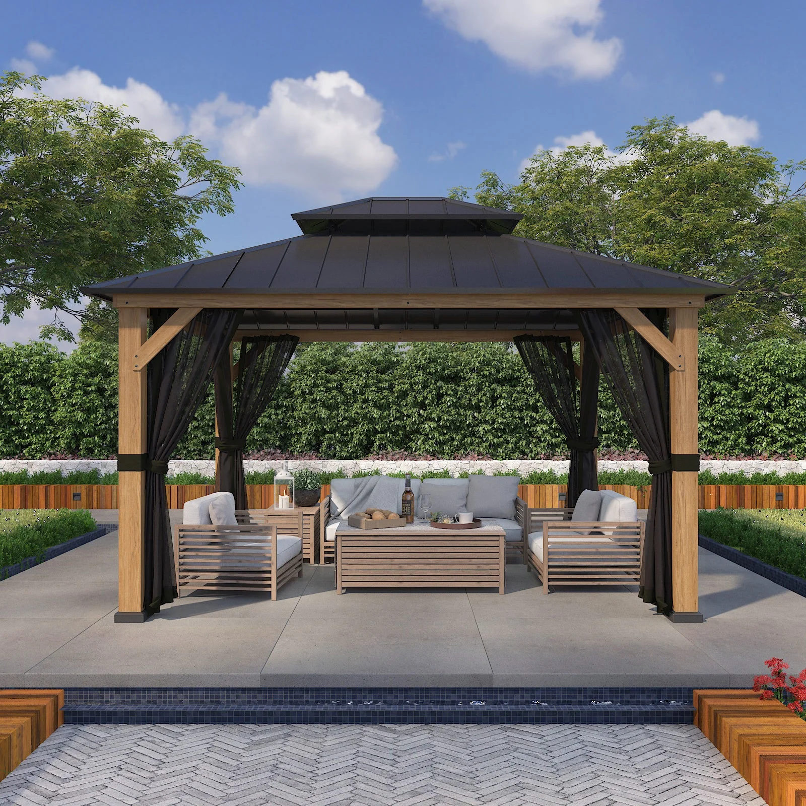 11x13 Outdoor Cedar Framed Hardtop Double Roof Gazebo, Black Mosquito Mesh Netting Included