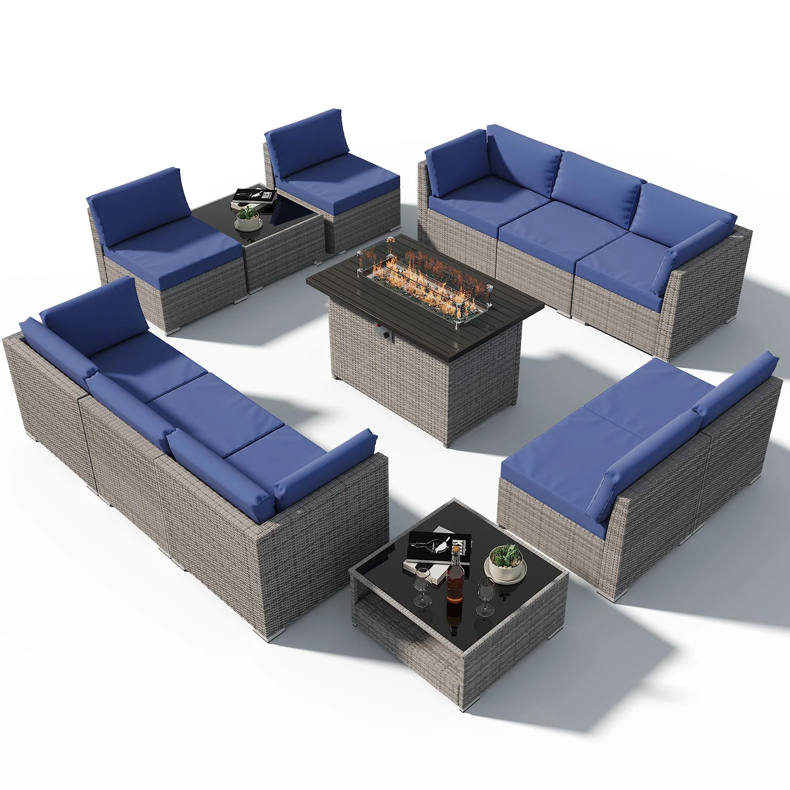 13 Piece Outdoor Wicker Patio Furniture Set with Fire Table and 2 Coffee Tables with Seating for 10 People