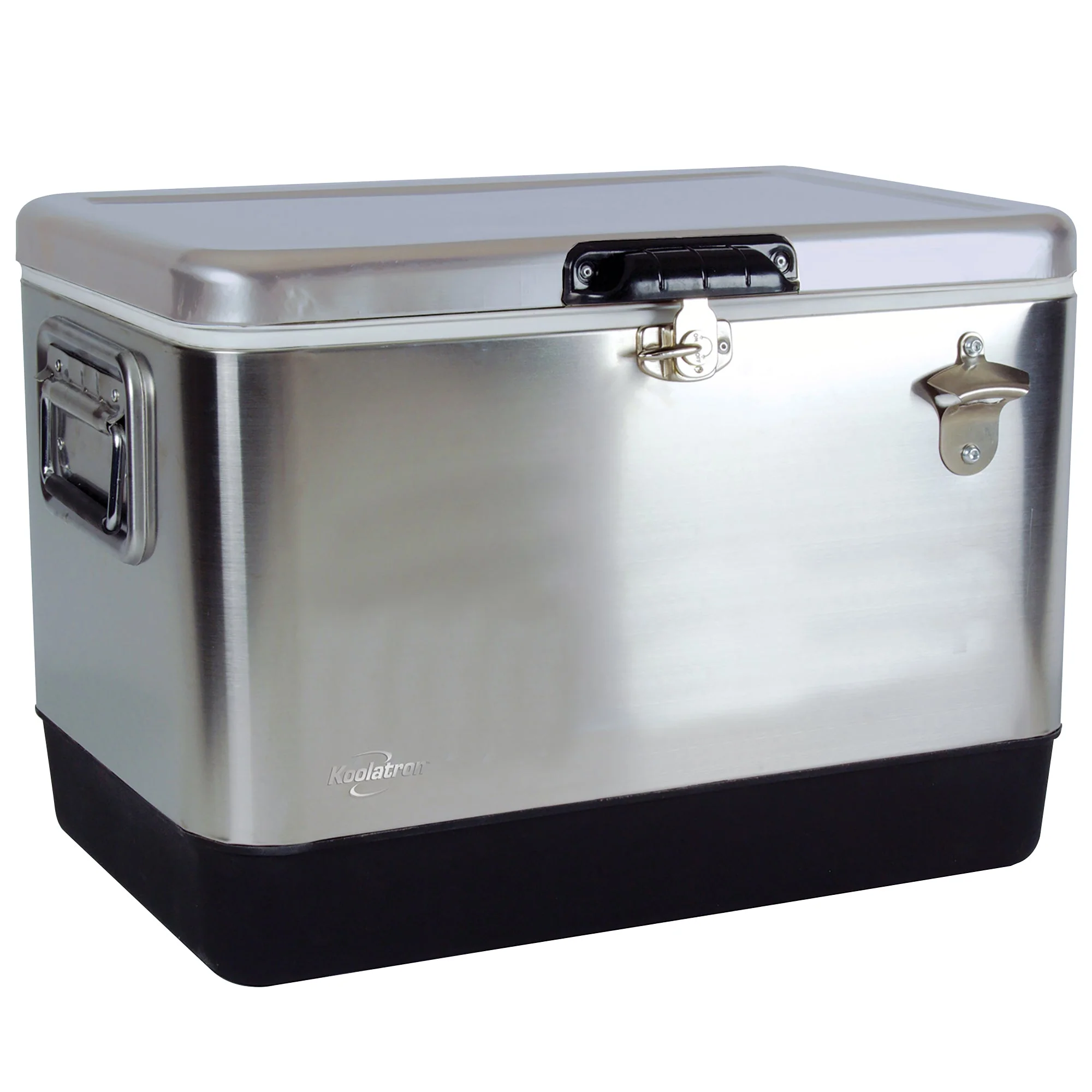 Koolatron Stainless Steel Ice Chest Cooler w/ Bottle Opener, 51 L (54 qt), 85 Can Capacity Portable Beverage Cooler, Silver and Black, for Camping, Beach, RV, BBQs, Tailgating, Fishing